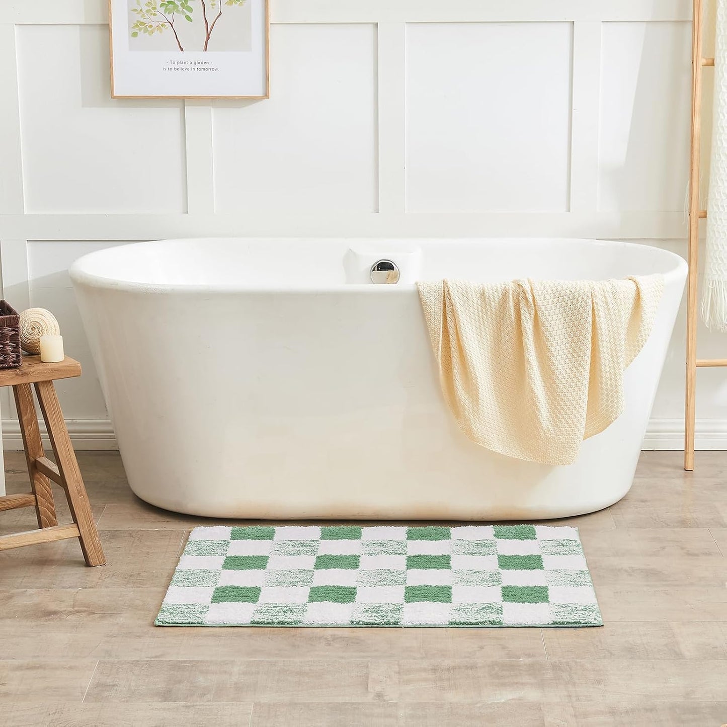 CozeCube Bath mats for Bathroom Non Slip, Fluffy Absorbent Microfiber Bath mat Washable, Aesthetic Bathroom Rugs, Large Sage Green Checkered Bath mat, Sage Green, 36" x 24"