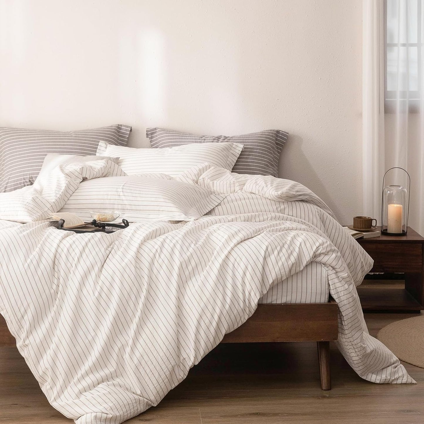 Stripe Duvet Cover Full Size 90inch x 80inch,100% Washed Cotton Linen Feel Duvet Cover with Zipper Closure and 2 Pillowcases, Color of Off White-Linen Grey Stripe