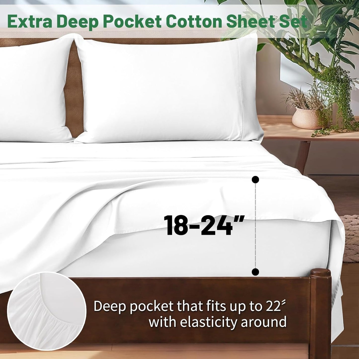 Extra Deep Pocket King Sheets 18-24 Inch 1000 Thread Count 100% Egyptian Cotton Sateen Weave Soft Breathable 4 Pieces（King，White）