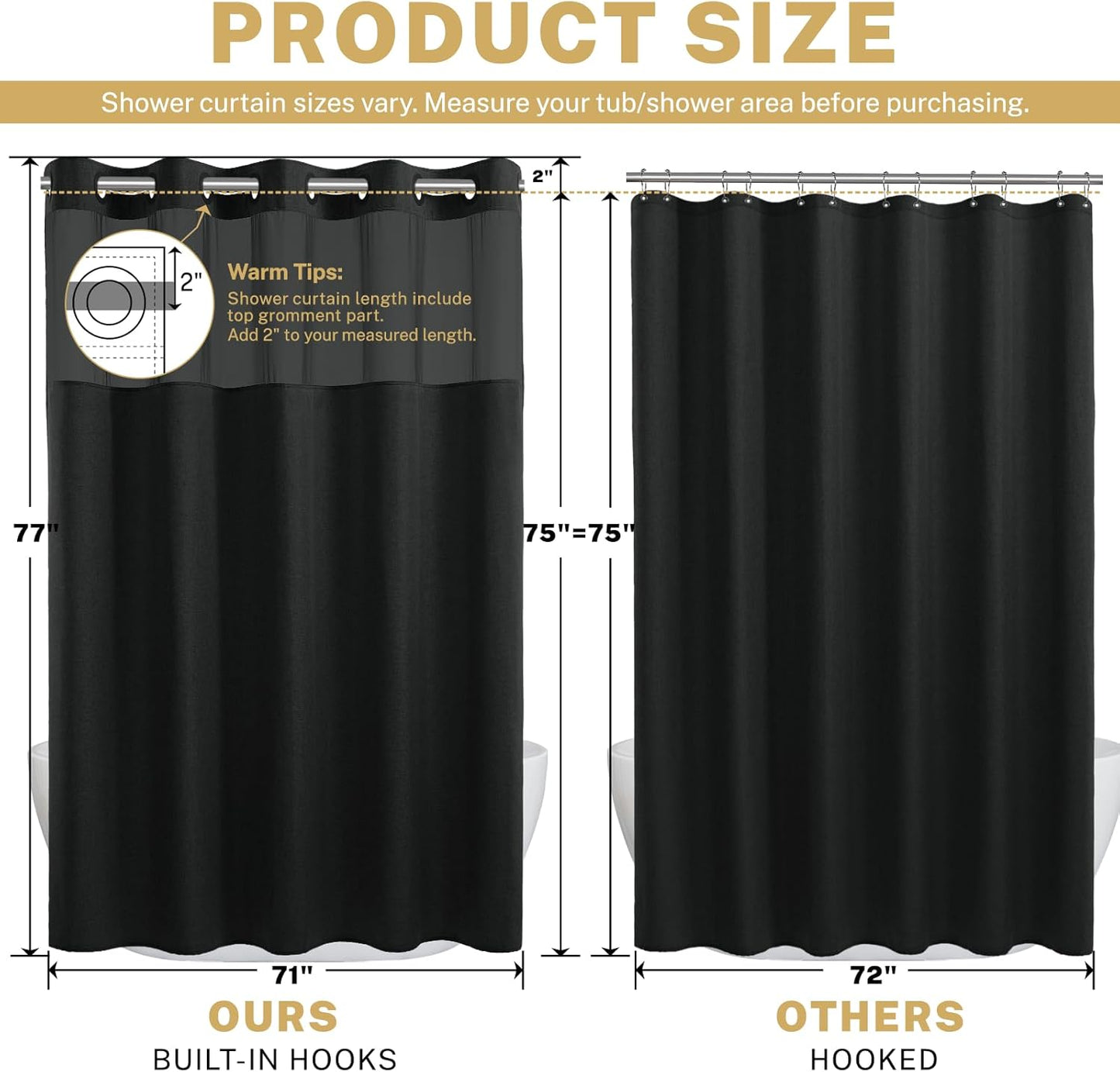 No Hook Shower Curtain with Snap in Liner, Polyester Textured Shower Curtain with Liner Set, Waterproof Washable Hotel Style Shower Curtains for Bathroom, 71Wx77H, Black