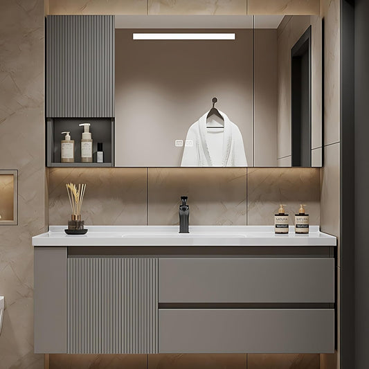 72IN Suspended Bathroom Cabinet Combo Set - Fully Functional LED Mirror with Smart Defogging & Time Display | Bathroom Vanity with Sink,Side Cabinet Storage Compartment (Style A)