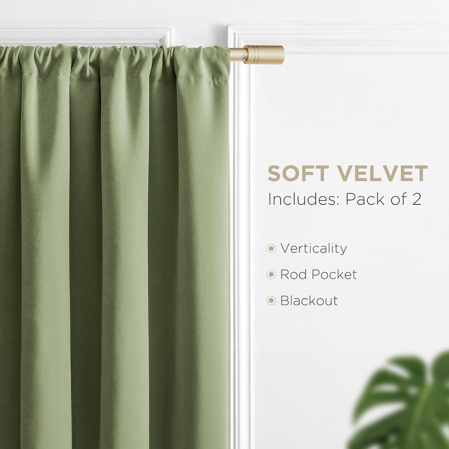 Joydeco Coconut Green Velvet Curtains 96 Inches 2 Panels, Luxury Thermal Insulated Soft Green Curtains for Bedroom & Living Room, Room Darkening Velvet Drapes, Rod Pocket (52W x 96L)