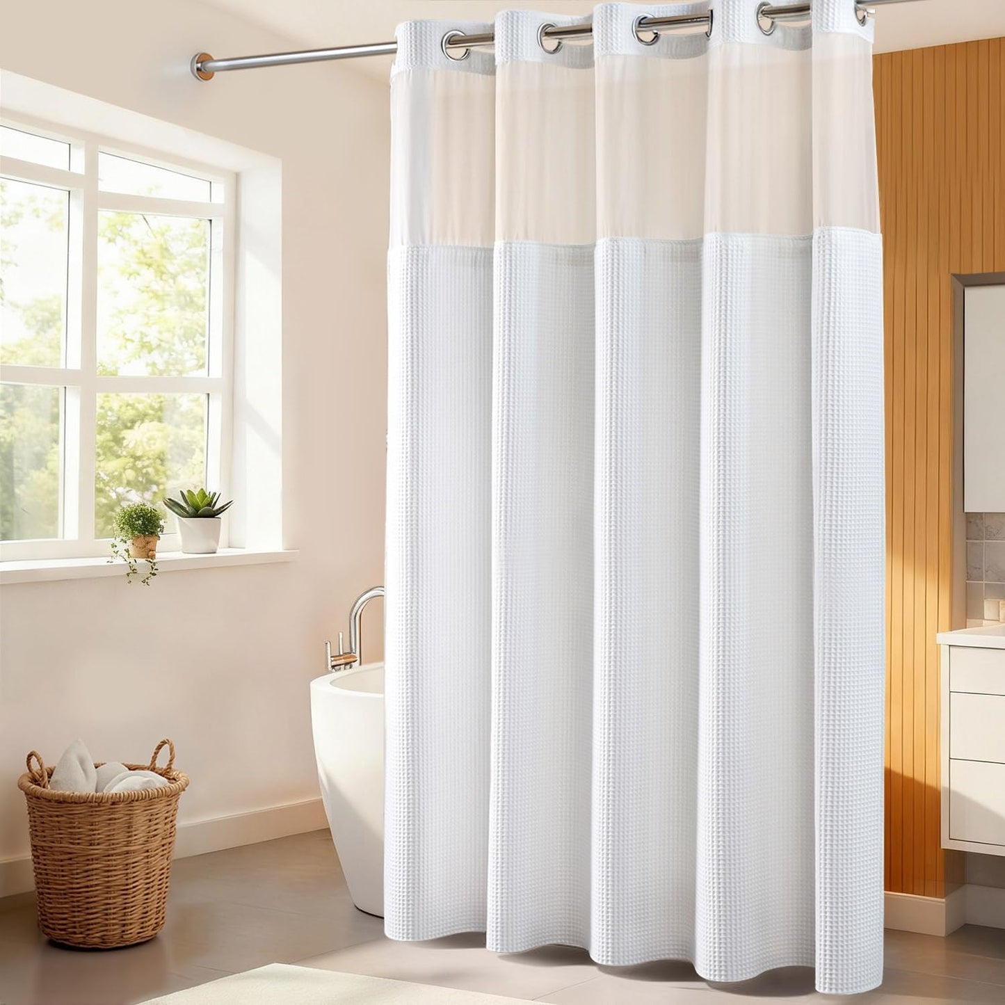 River Dream Extra Long Shower Curtain Set, Cotton Blend, Waffle Weave, with Snap in Replacement Liner, White, 71 x 86 inches