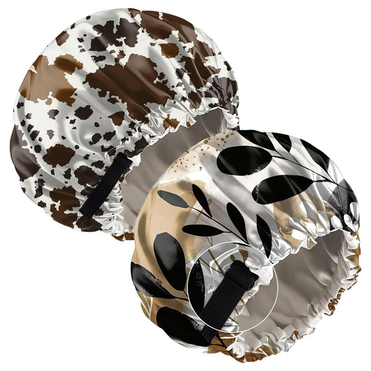 2 PCS Bonnets for Women Girls Satin Hair Bonnet Silk Adjustable Elastic Double Layer Hair Wrap Sleep Cap Comfort Cute-Cowhide Leaf