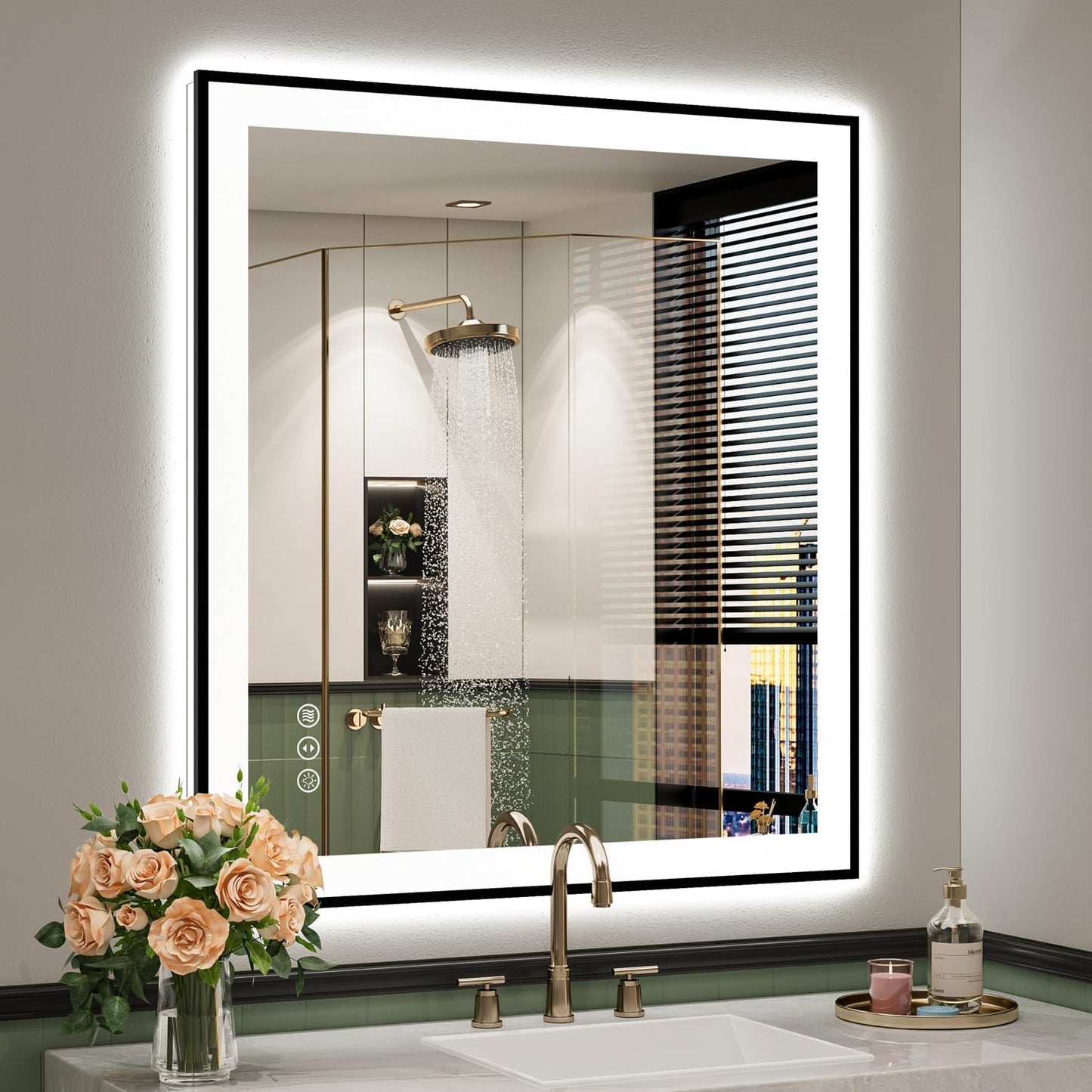 32x36 Inch LED Bathroom Mirror with Lights (Front Lit and Backlit) Black Framed Lighted Vanity Mirror for Bathroom Wall Dimmable Anti-Fog Memory Tempered Glass Horizontal/Vertical