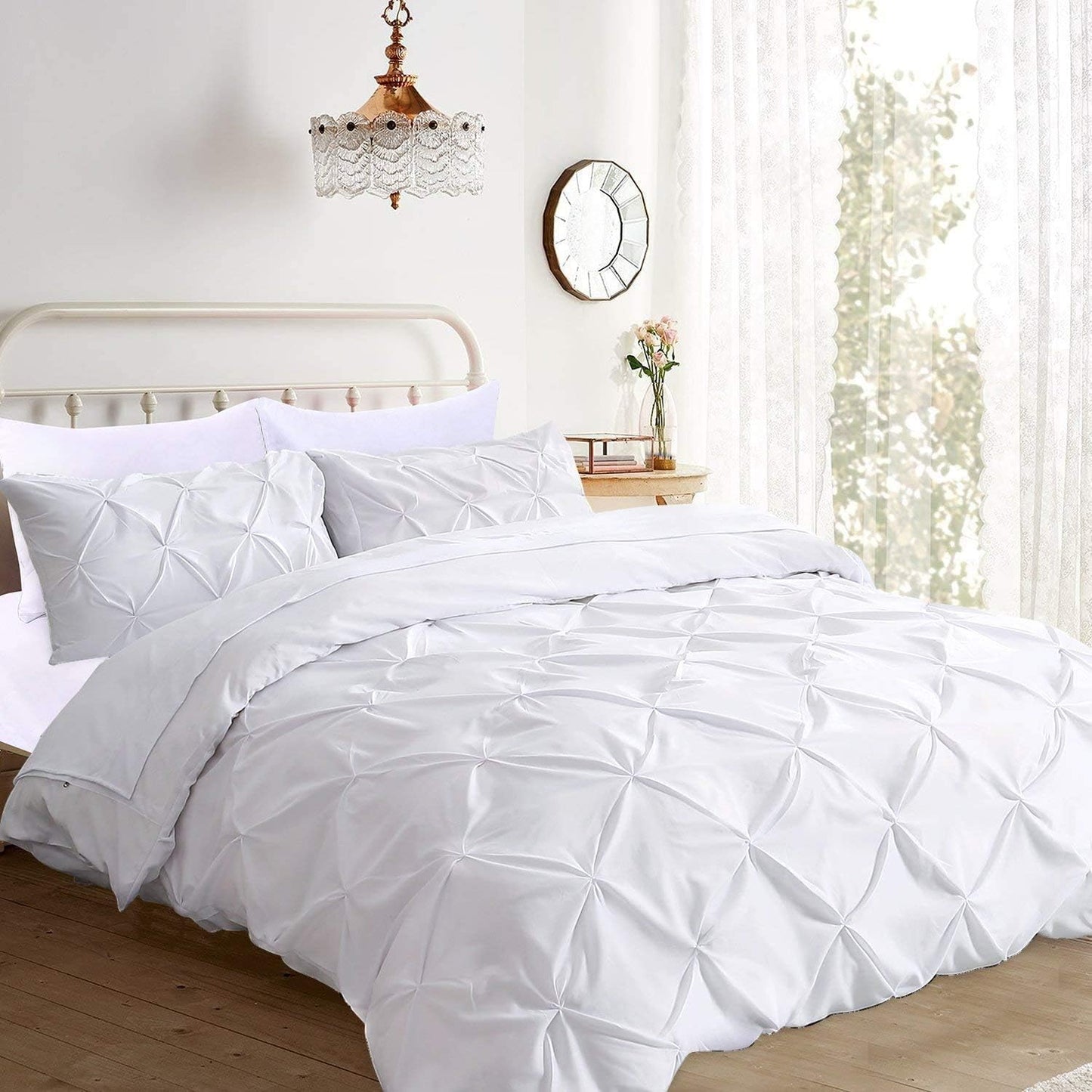 Pinch Pleated Duvet Cover Set 100% Cotton 3PC Calking Size 98x104 Duvet Cover Set, Decorative Pinch Design White Duvet Cover with Matching Pillow Case