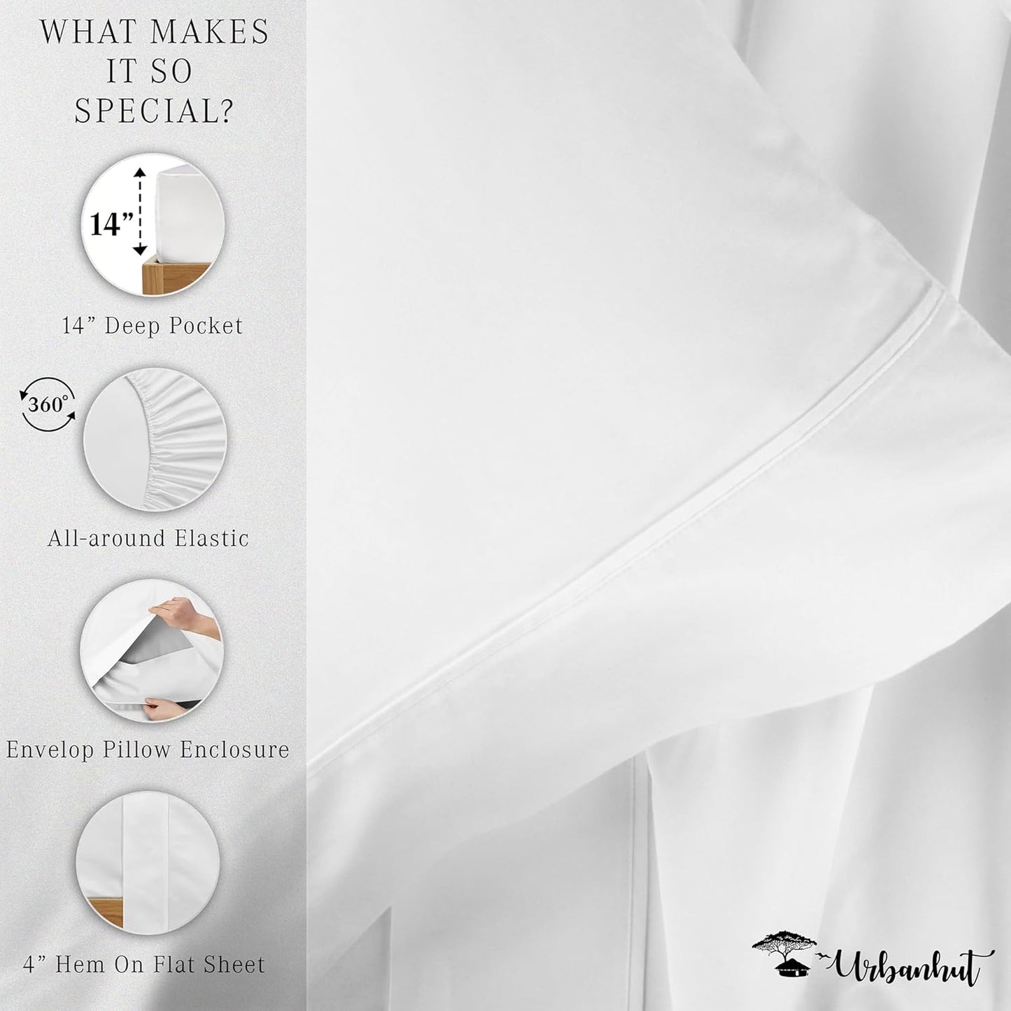 URBANHUT 100% Egyptian Cotton Sheets - 1000 Thread Count Twin White Sheet Set (3Pc), Long Staple Cotton Sheets, All Season Sateen Weave, Luxury Hotel Twin Bedsheets,16" Deep Pocket