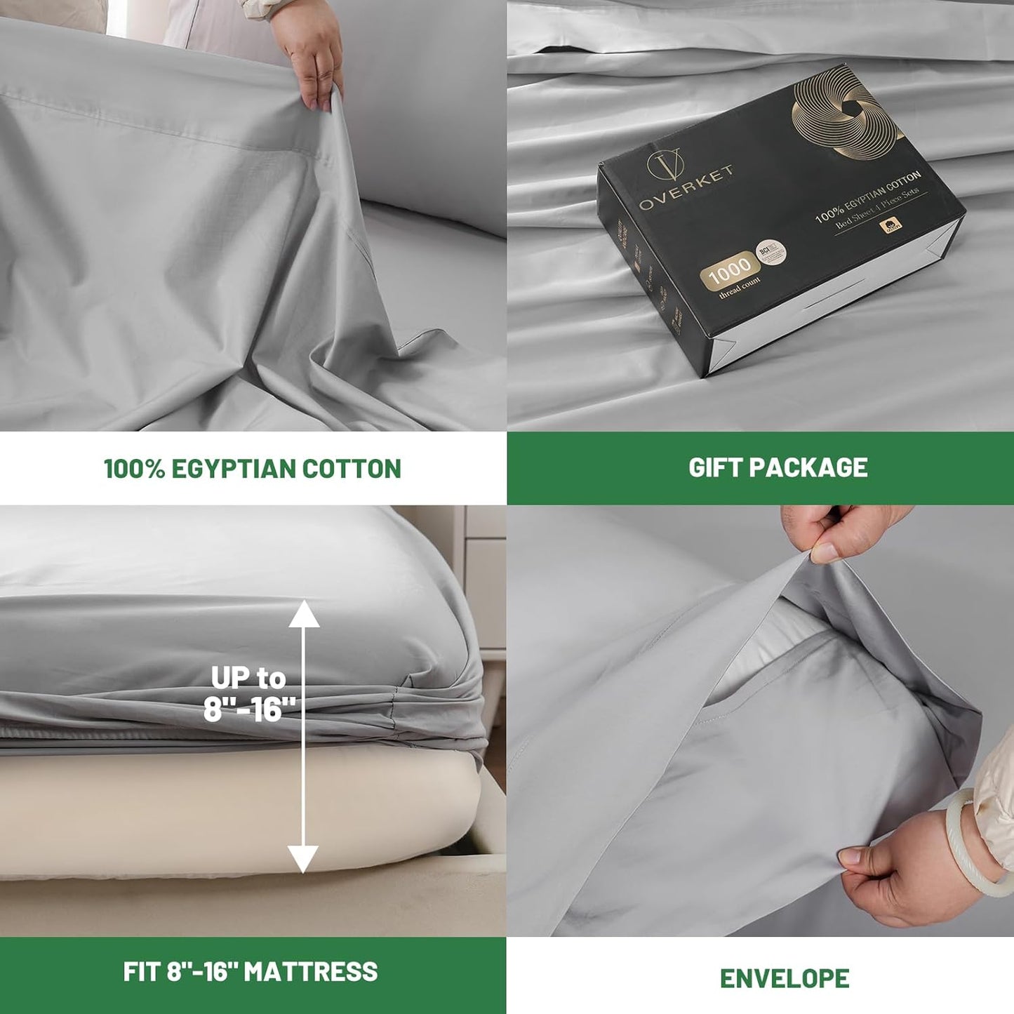 Egyptian Cotton Sheets Full Size 1000 Thread Count Sateen Weave Soft Breathable 16-Inch Deep Pocket 4PCS（Full,Grey）