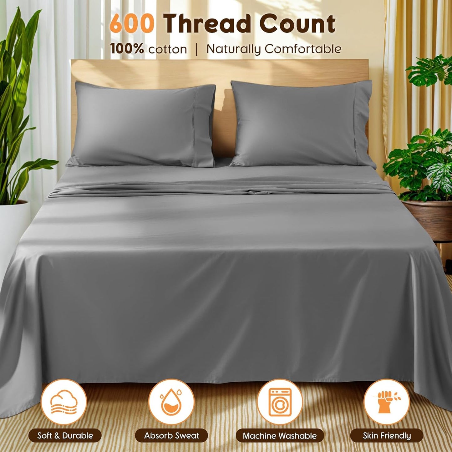 LBRO2M 100% Cotton Sheets Set King Size 600 Thread Count Sheet 4 Piece Sets Bed Sheet Deep Pocket Up to 16" Soft Comfortable All Season (King, Gray)
