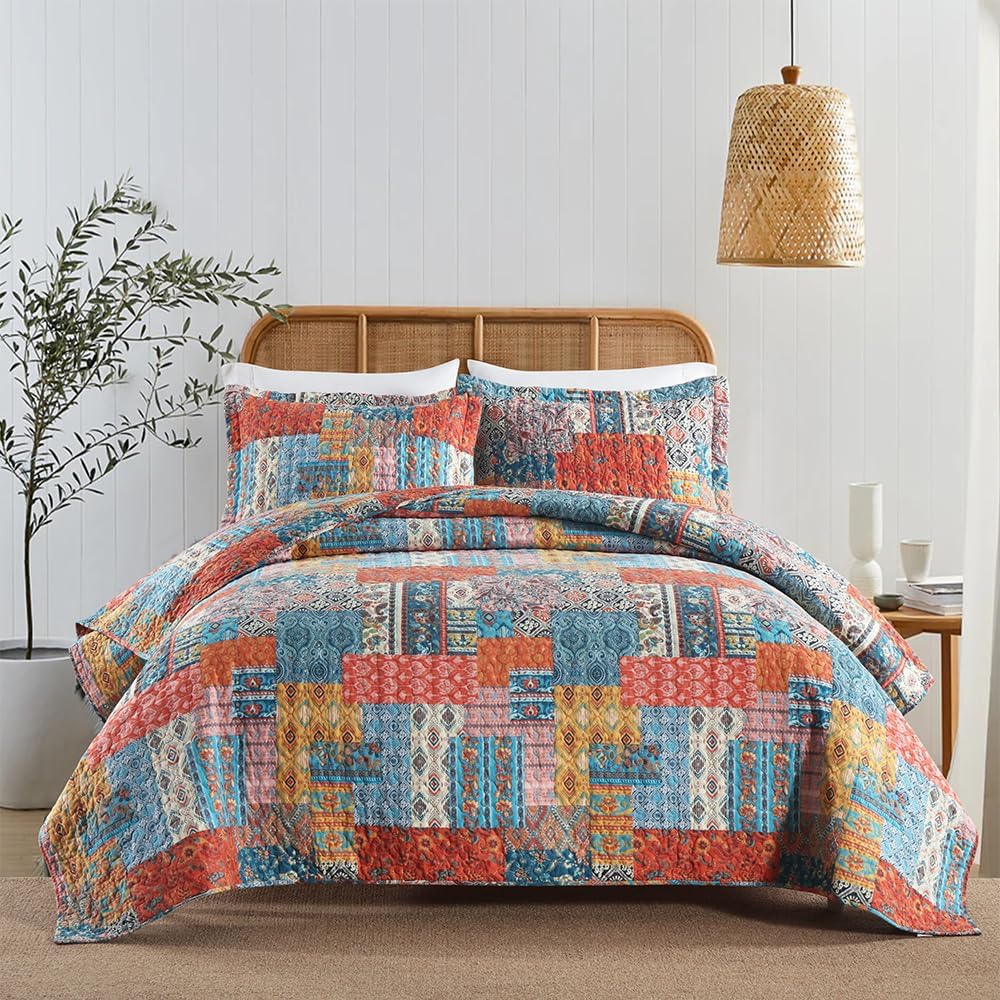 ENASAL Cotton Bedspread Quilt Bedding Sets Reversible Coverlet Comforters Vintage Bohemian Patchwork Pattern Bedspread for All Season, King Size