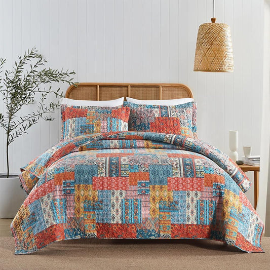ENASAL Cotton Bedspread Quilt Bedding Sets Reversible Coverlet Comforters Vintage Bohemian Patchwork Pattern Bedspread for All Season, King Size
