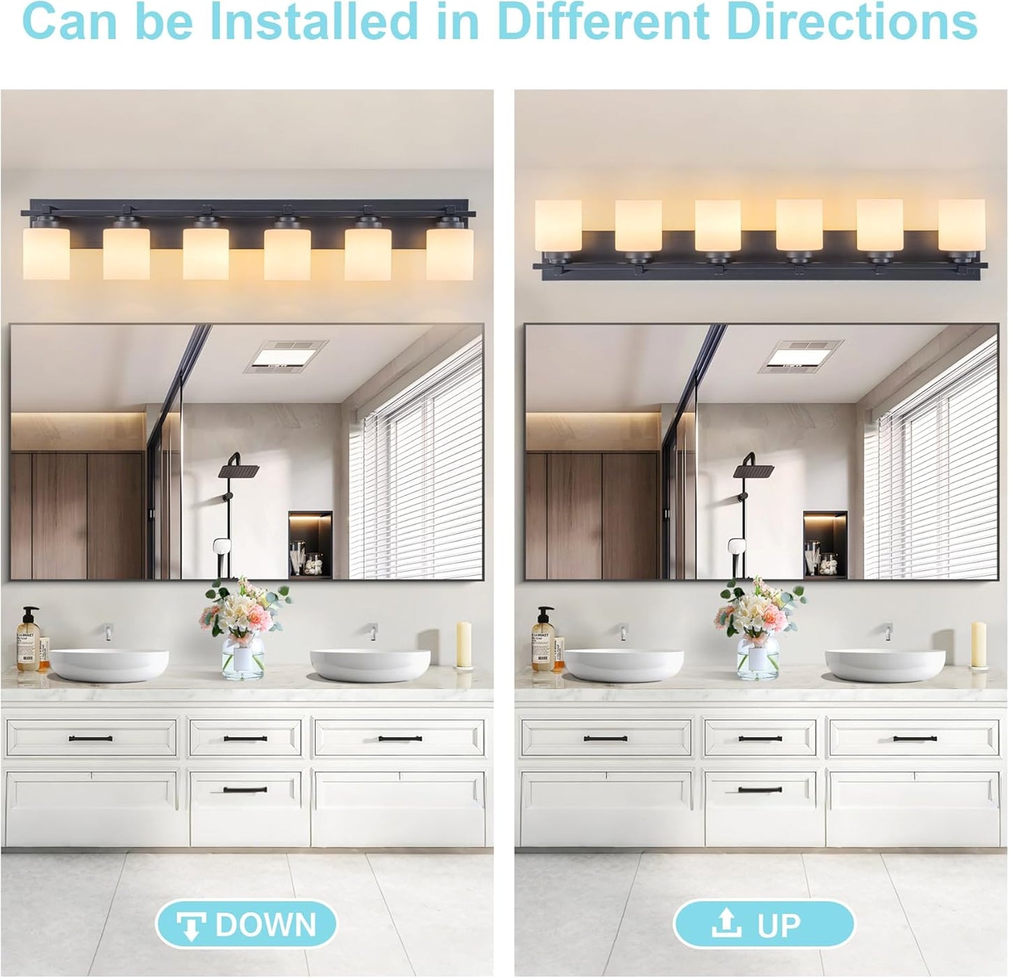 6 Light Modern Bathroom Light Fixtures Over Mirror, Black Vanity Lights for Bathroom Wall Sconces with Milky White Glass Shades, E26 Socket (Bulbs Not Included)