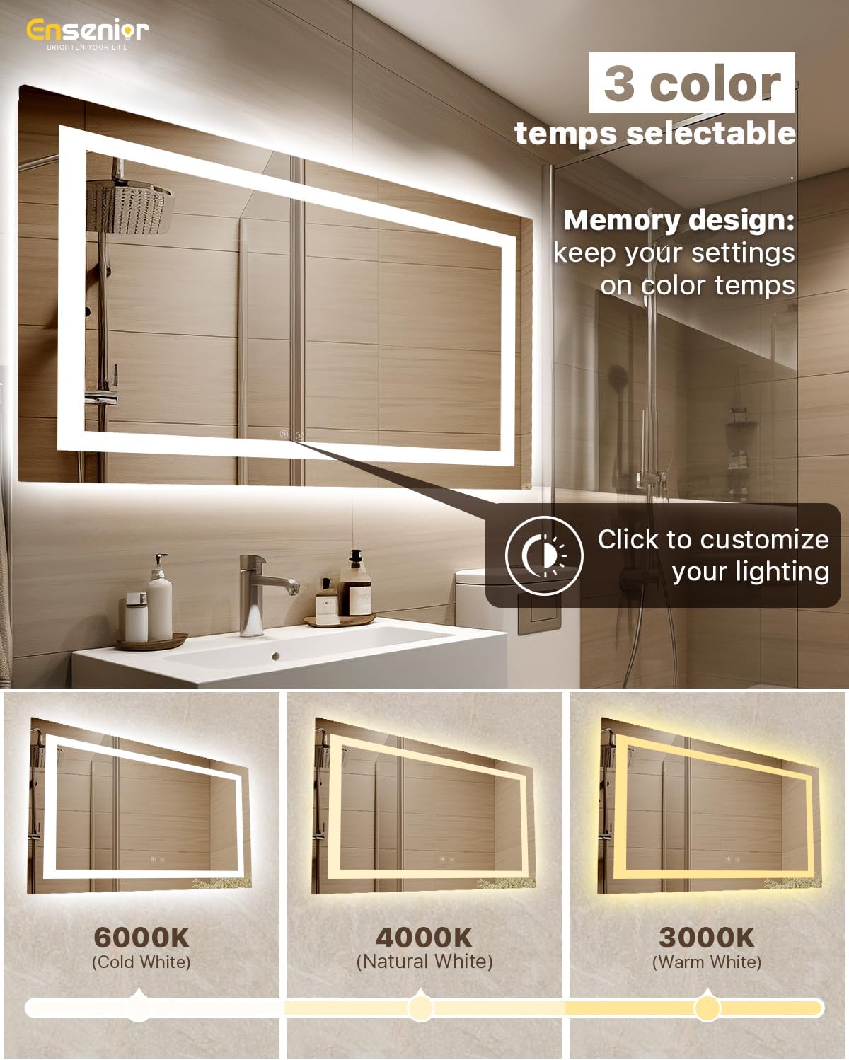 Ensenior LED Bathroom Mirror 55"x 30" with Front and Backlight, Stepless Dimmable Wall Mirrors with Anti-Fog, Shatter-Proof, Memory, 3 Colors, Modern LED Vanity Mirror-ETL & FCC