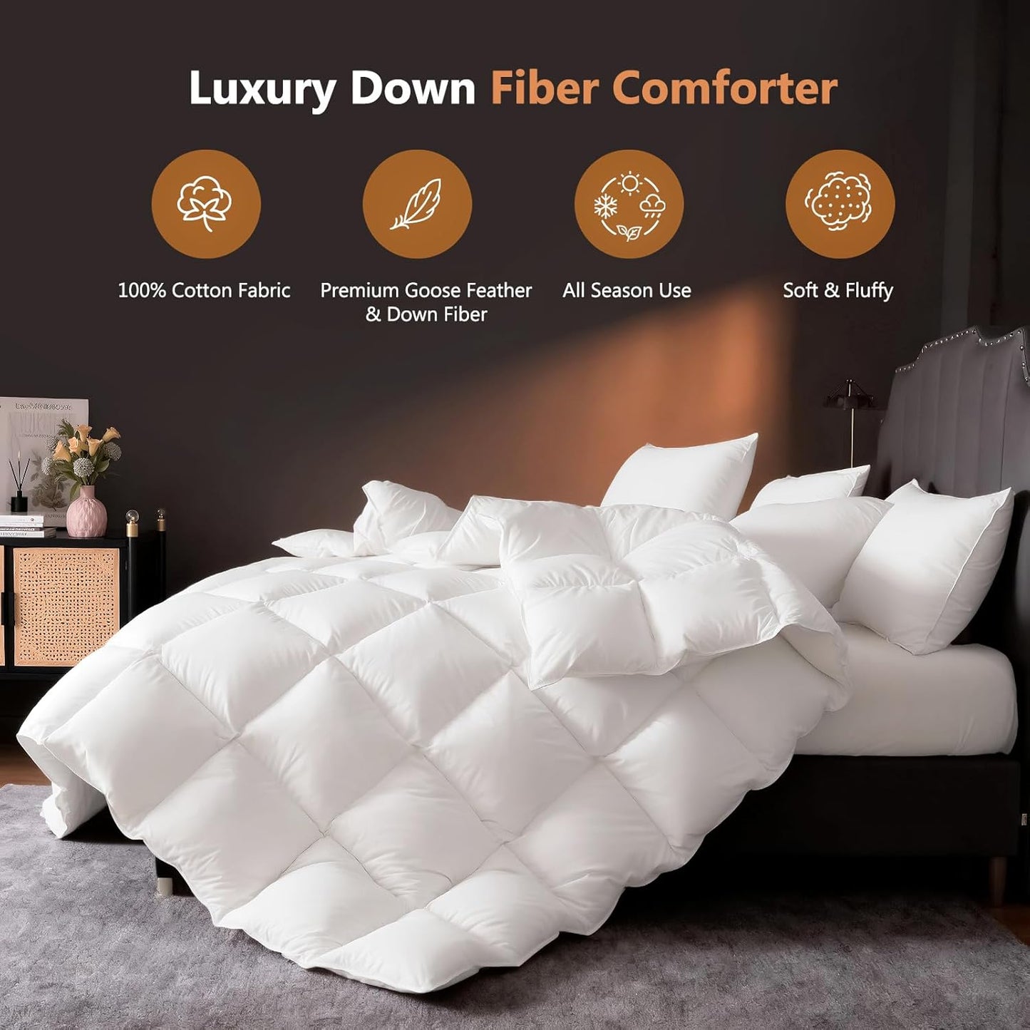 DROVAN Goose Feather Down Fiber Comforter Twin Size - 100% Cotton Duvet Insert with 8 Corner Loops - Luxurious All-Season Hotel Collection, 68x90 Inch