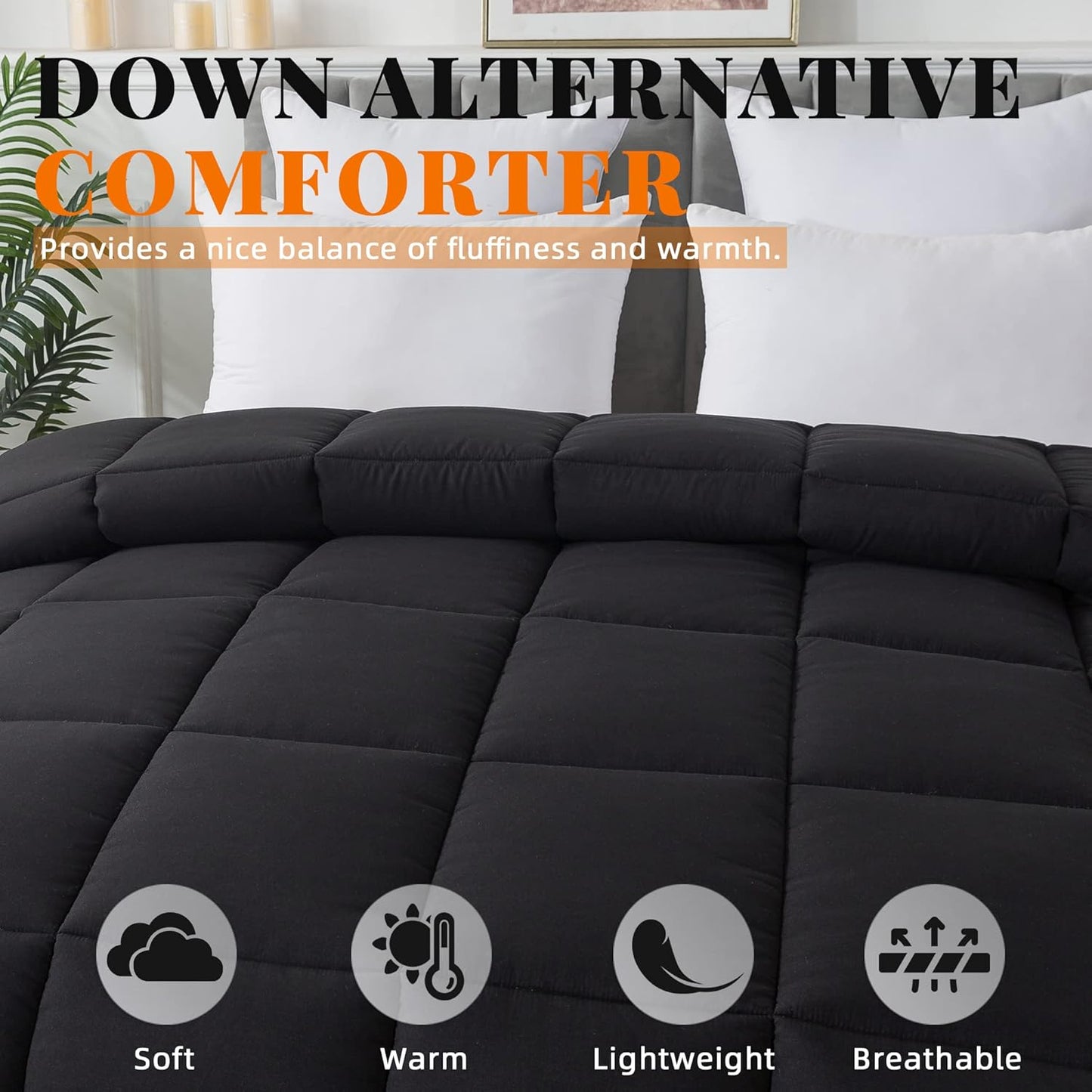 Cosybay Down Alternative Comforter (Black, Cal-King) - All Season Soft Quilted California King Size Bed Comforter - Duvet Insert with Corner Tabs -Winter Summer Warm Fluffy, 104x96 inches