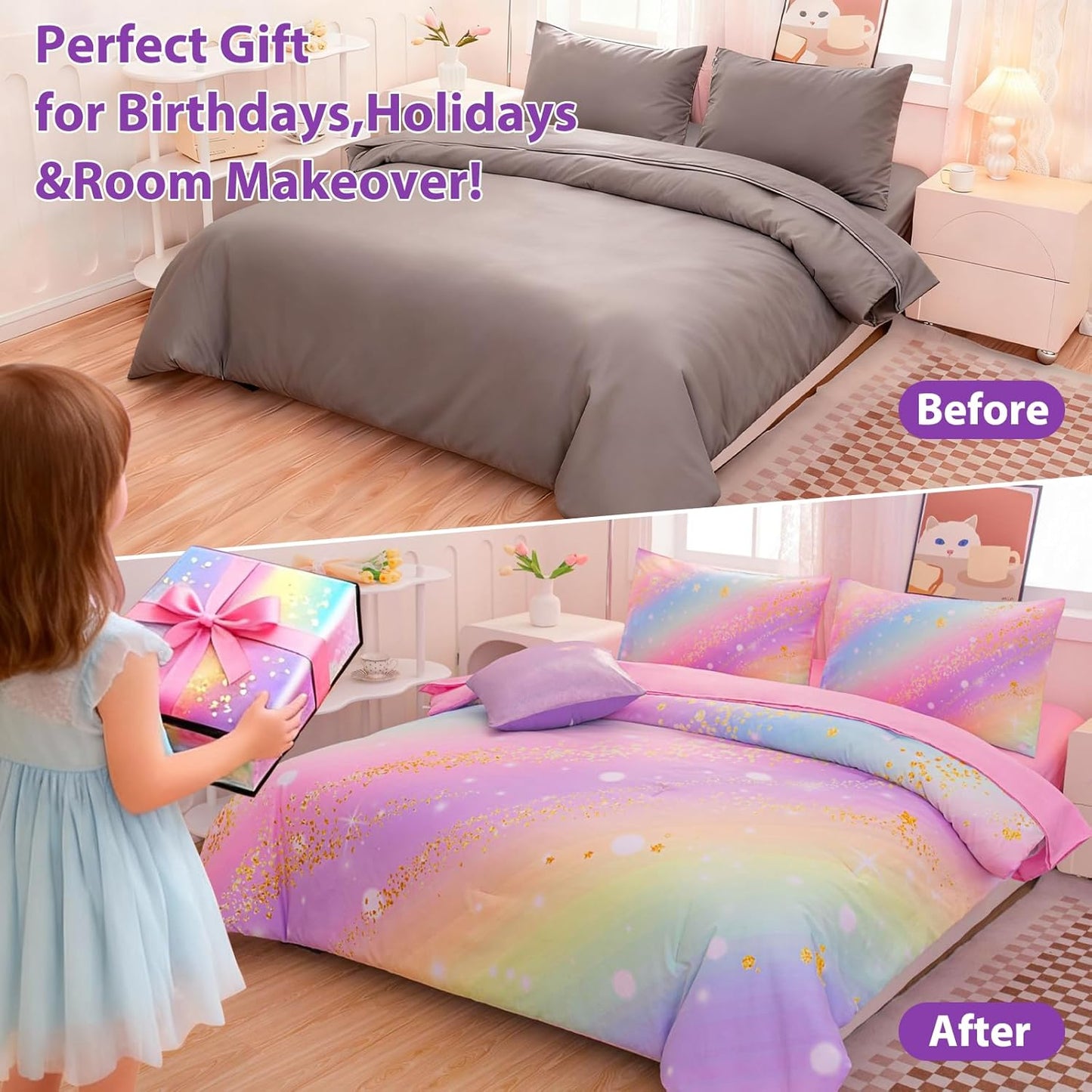Rainbow Bedding Set Twin Size – 6-Piece Reversible Girls Comforter with Deep-Pocket Sheet, Gradient Galaxy Design, Whole-Piece Filling, Machine Washable Bed-in-a-Bag for Kids Room Makeover & Gifts