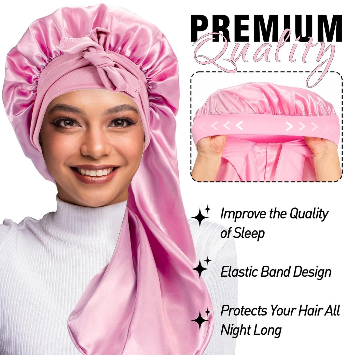 3Pcs Bonnets for Black Women, Large Long Satin Bonnet for Braids With Stretchy Tie Band, Sleep Cap for Long Curly Hair (Brown, Rose Pink, Pink)