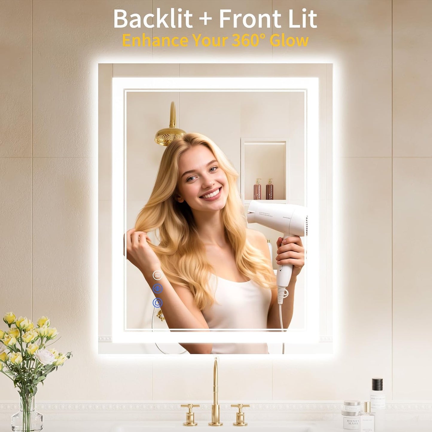 24"x30" LED Bathroom Mirror with Lights, Anti-Fog, Backlit + Front Lit, Dimmable, Led Vanity Mirror for Wall, Lighted Bathroom Mirror, 3 Colors, Shatter-Proof Tempered Glass