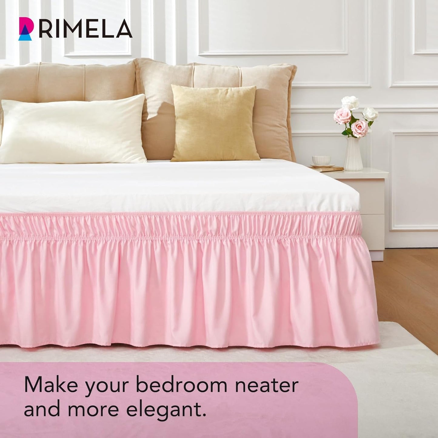 RIMELA Pink Bed Skirt King Size 15 Inch Drop, Elastic Bed Skirting for Bed Base and Frame, Bedding Dust Ruffle Easy to Install, Lightweight Comforter Set with Wrap Around Adjustable Bedskirt