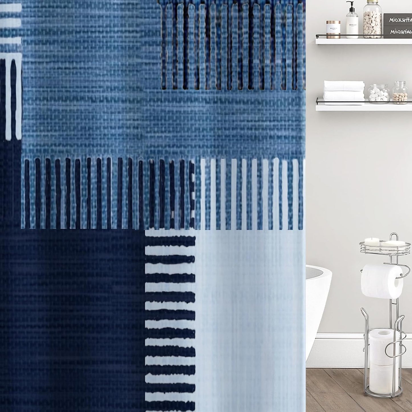 Navy Blue Fabric Shower Curtain,Modern Abstract Geometric Shower Curtain for Bathroom,72" W X 72" L