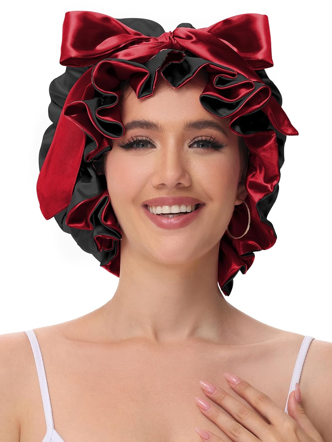 Hair Bonnet for Sleeping, Satin Silk Shower Cap Women 2025 with Tie Band and Adjustable Straps Head Wrap for Curly Hair Black F