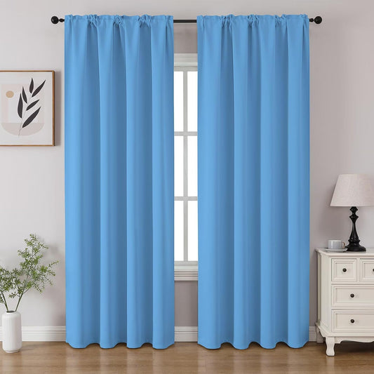 CUCRAF Light Blue Blackout Curtains 90 inch Length 2 Panels Set, Rod Pocket Room Darkening Drapes for Bedroom Living Room, Insulated Thermal Light Blocking Window Curtain (W52 x L90 Inch)