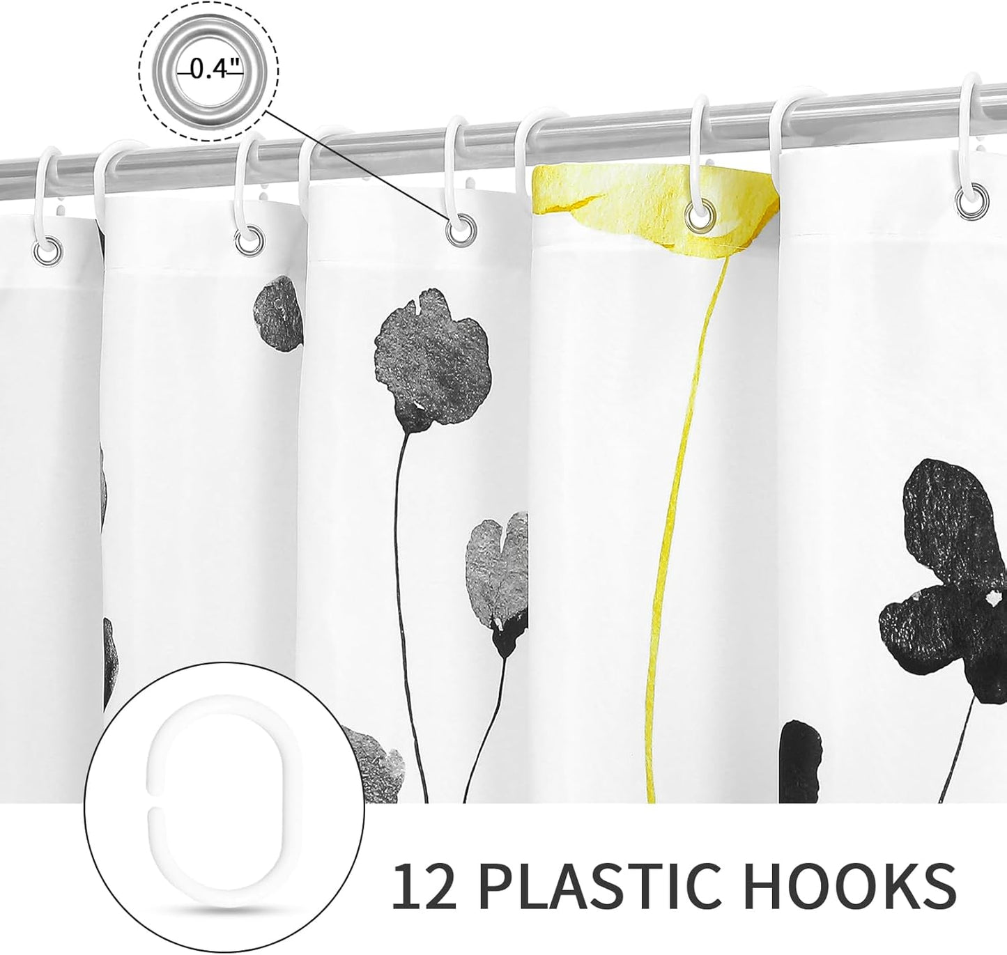 Gibelle Small Stall Shower Curtain 36 x 72, Narrow Half Watercolor Floral Fabric Shower Curtain, Yellow Grey Flower Decorative Bathroom Shower Curtain Set with Hooks
