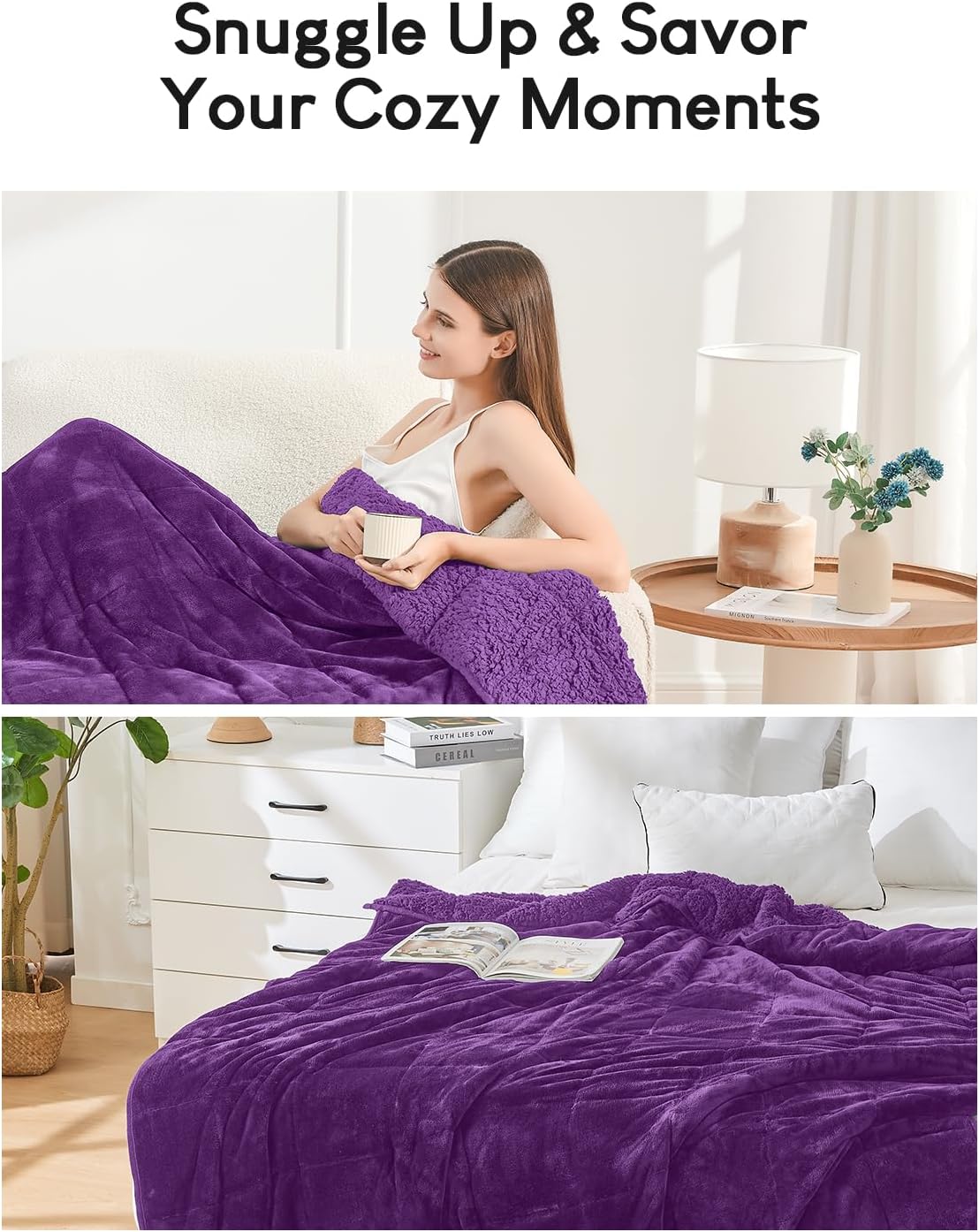 Cottonblue Weighted Blanket 15 lbs Queen Size, Flannel Shaggy Sherpa Weighted Blanket for Adults Comfortable Weighted Blankets for Calming and Relax, Bed Sofa Heavy Blankets, 60x80 inches, Purple