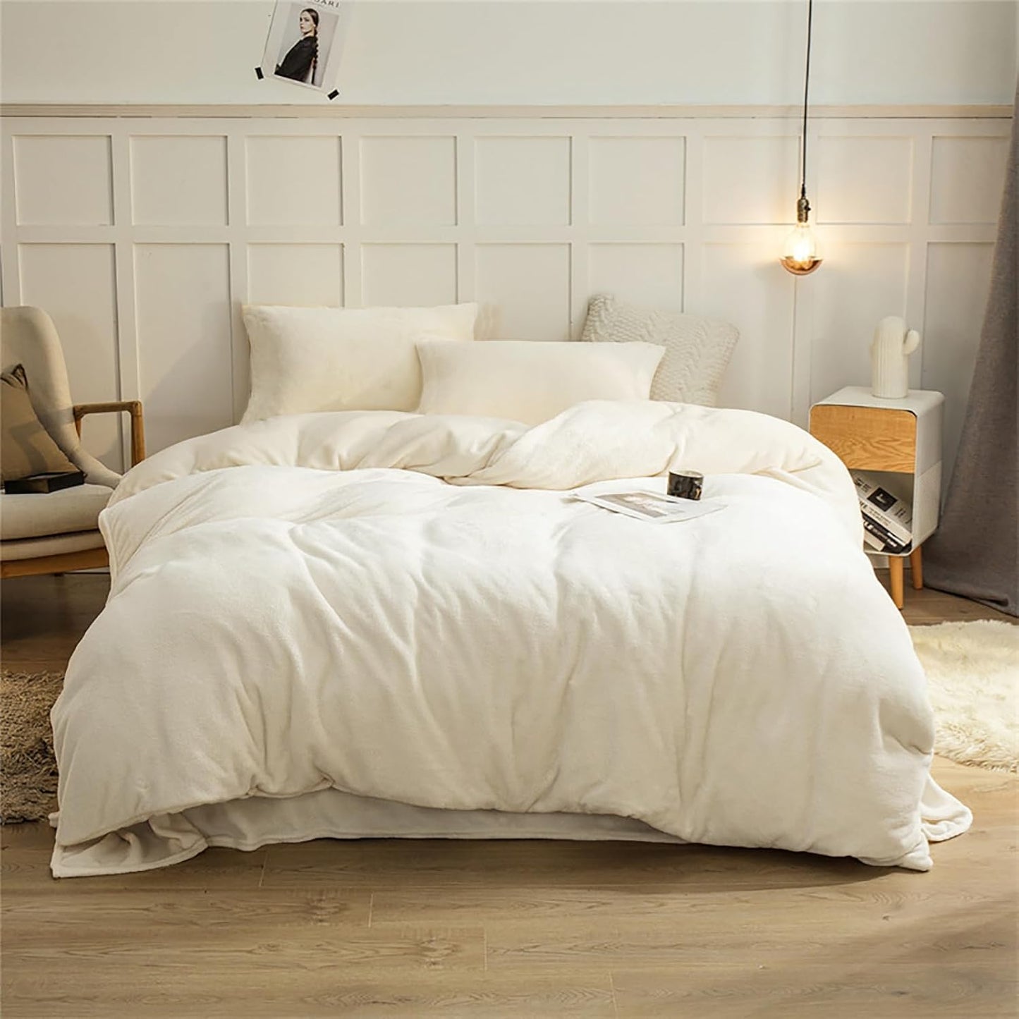 Cottonight White Velvet Comforter Set Full Plush Fluffy Bedding Set Full Warm Cozy Super Soft Blanket Quilts Heavyweight Flannel Comforter Set with 2 Pillowcases Soft Comfy