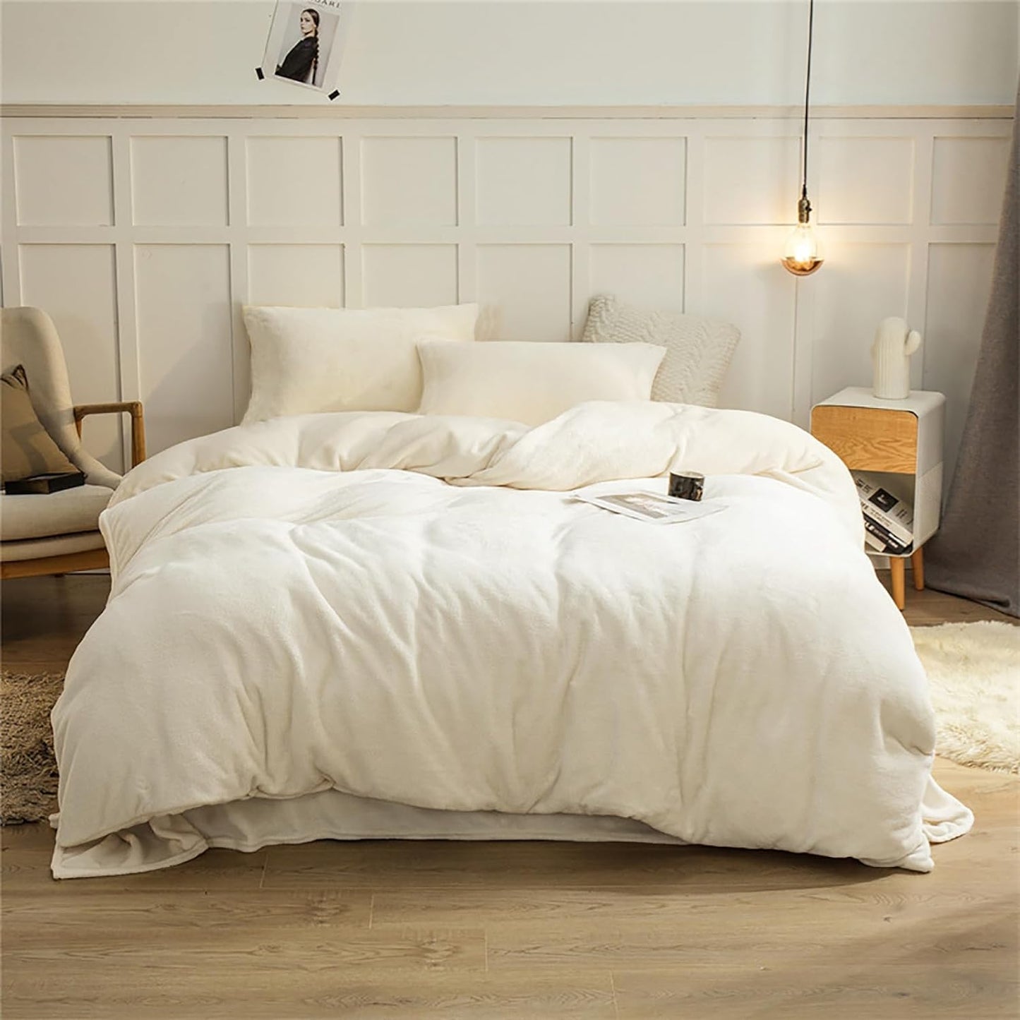Cottonight Twin Velvet Comforter Set - Plush Fluffy Flannel Bedding - Modern Solid White Blanket Quilts - Soft Thick Warm Plain White Comforter Set for Women & Men