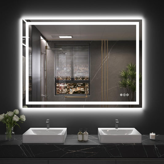 48"X32" LED Bathroom Mirror with Front Lights and Backlit, Anti-Fog, Dimmable, Shatter-Proof Tempered Glass, Lighted Bathroom Vanity Mirror for Wall with 3 Colors, Memory Function