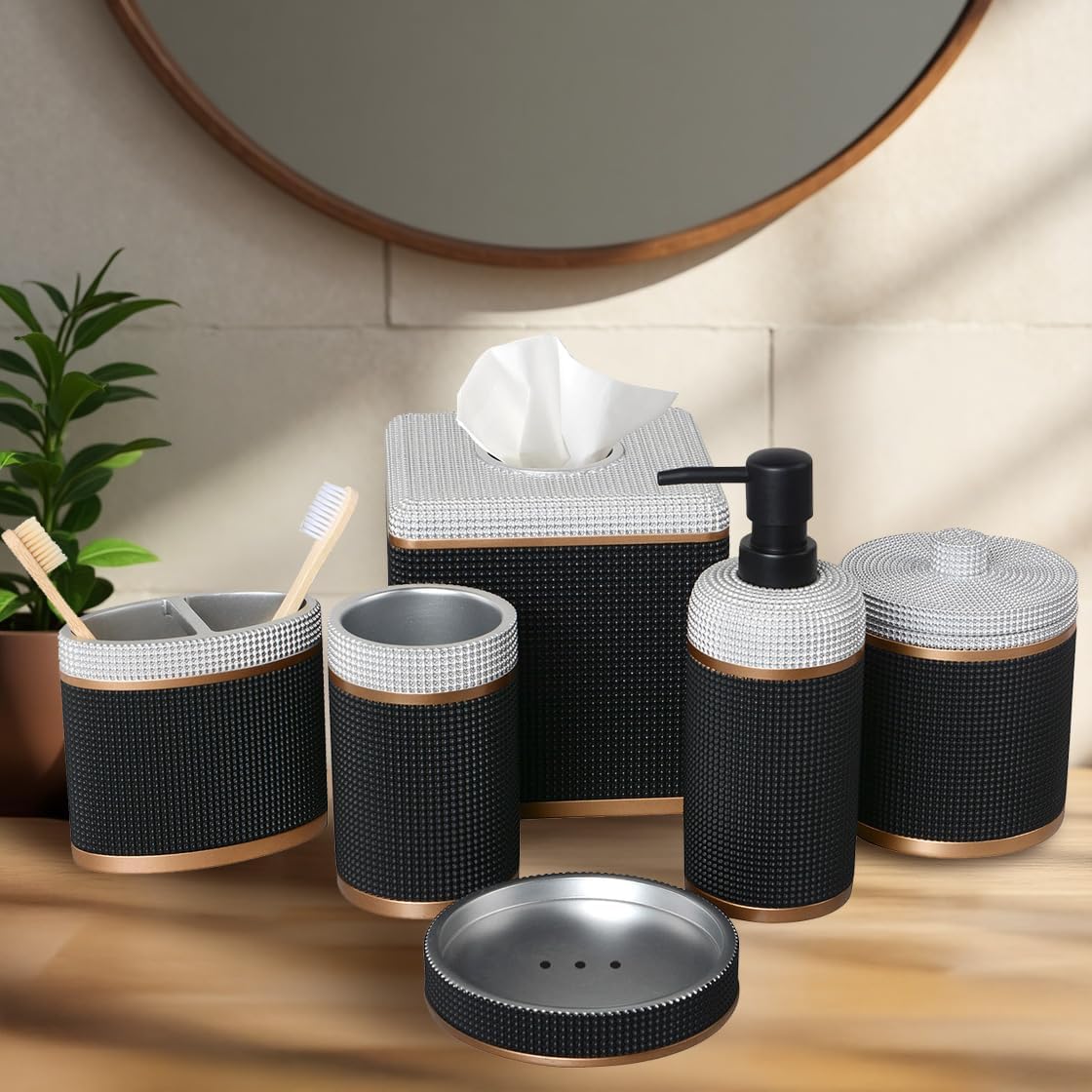 Decozen Bathroom Accessories Set 6Pcs – Soap Dispenser, Toothbrush Holder, Tumbler, Soap Dish & Cotton Swab Jar – Modern Bathroom Decor, Bath Set for Christmas Decor, Seiler