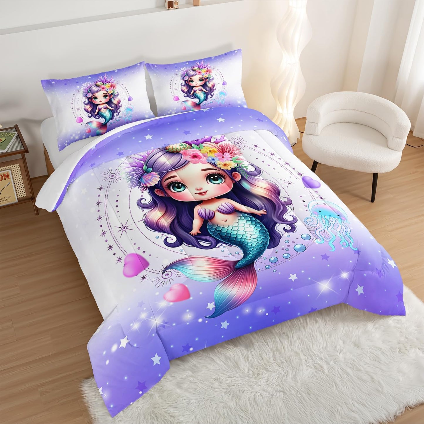 Cute Mermaid Pattern King Comforter Set,Star Jellyfish Ocean Themed Bedding Sets for Kids Toddlers Girls Boys Room Decor,Princess Bedding with 2 Pillowcases.