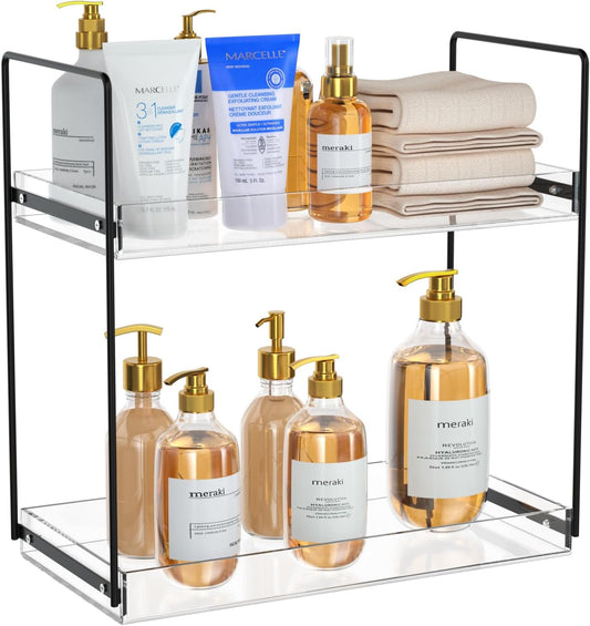 Bathroom Countertop Organizer, 2 Tier Acrylic Tray Vanity Counter Skincare Organizer Shelf, Home Storage Holder for Lotion Makeup Cosmetics Perfume Spice, Black+Clear