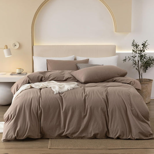 JIYUAN 100% Washed Cotton Duvet Cover Set 3 Pieces Super Queen, 1 Duvet Cover 90x98 Inches(Comforter Not Included) and 2 Pillowcases,Linen Feel Bedding Set Comfy and Breathable,Light Brown