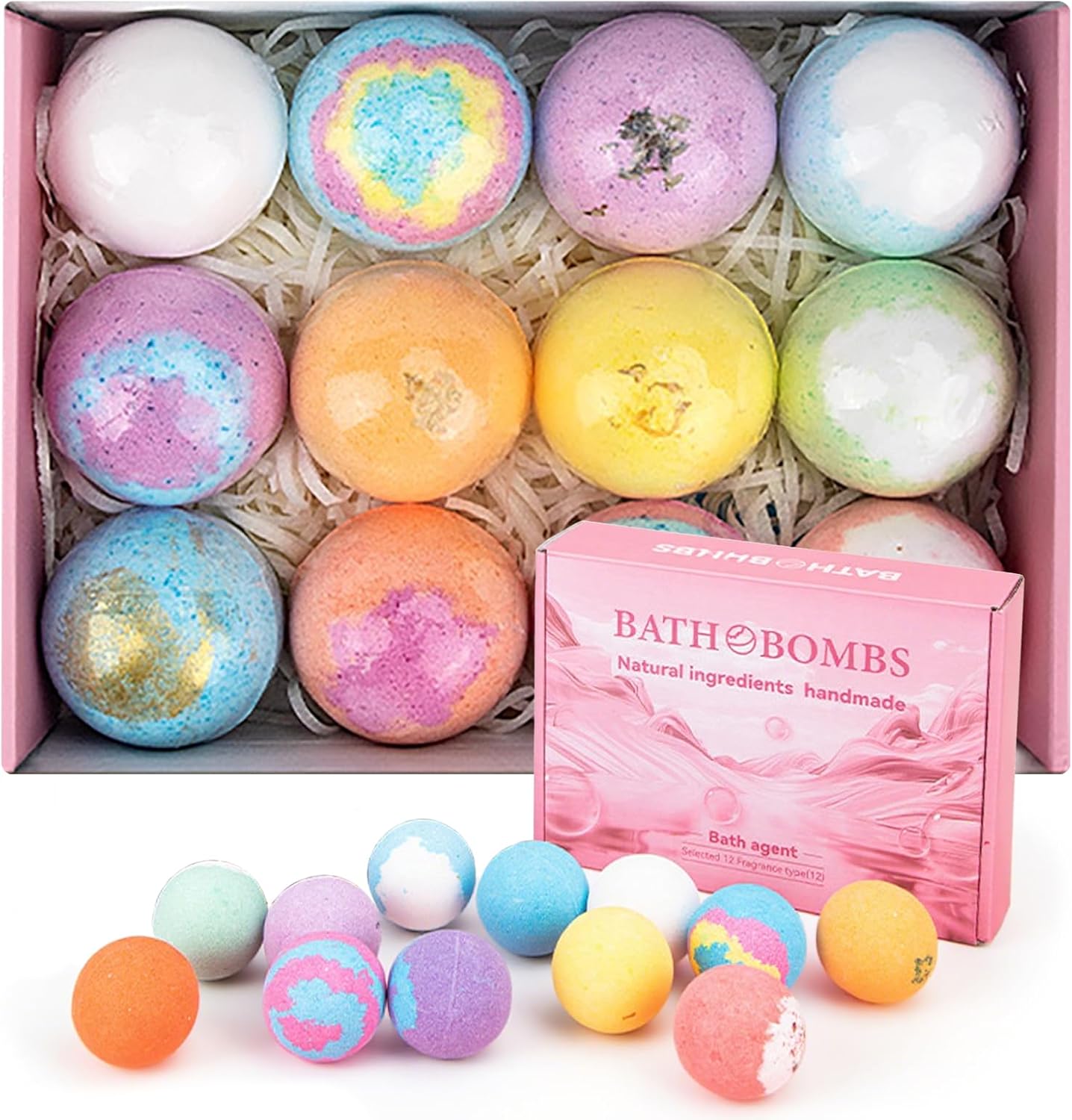 Natural Handmade Bath Bombs Salt Balls Gift Set, 12 PCS with Sea Salt & Shea Butter, Moisturizing Dry Skin, Stress Relief, Bubble Bath, Perfect Care Relaxing Spa Gifts for Women, Men & Kids
