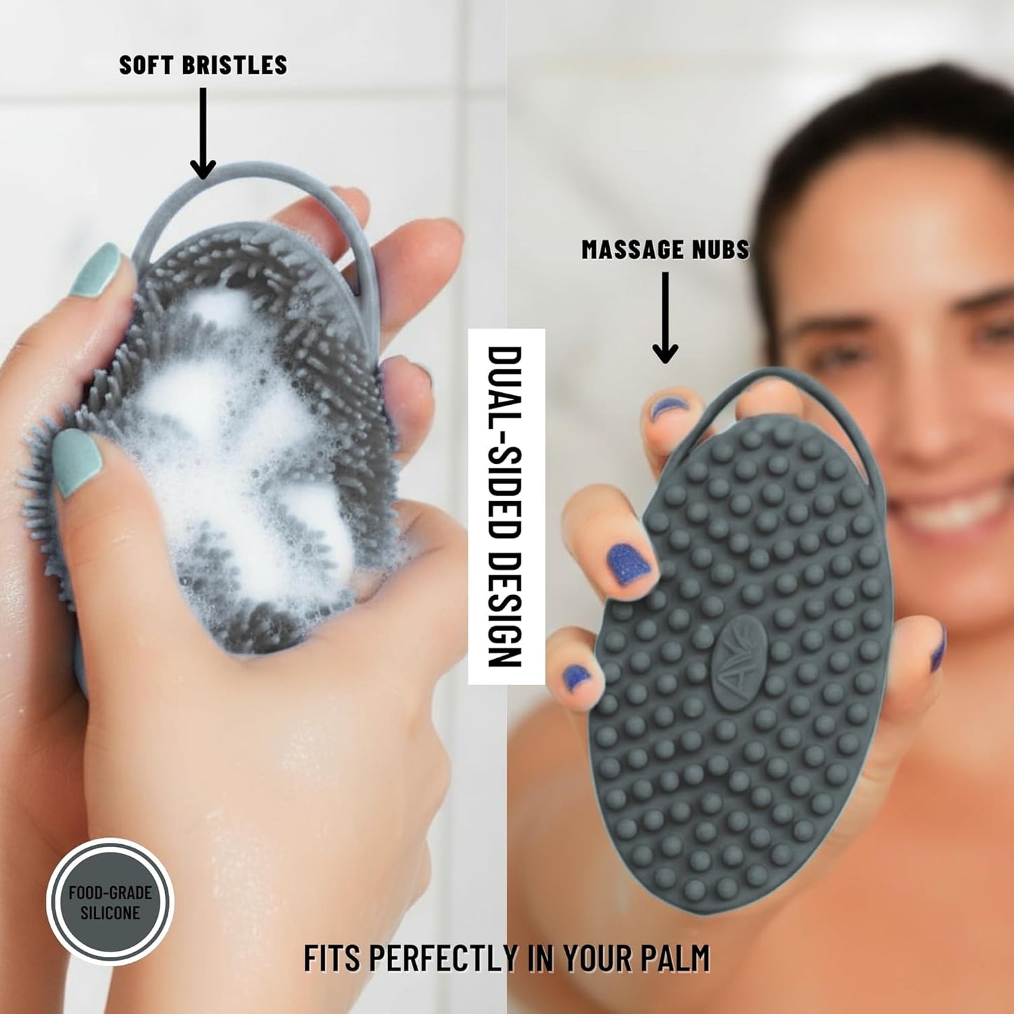 Silicone Body Scrubber for Shower - Gentle Exfoliating Back Scrubber with Soft Bristles - Avilana Premium Dual Sided Bath Brush Massage - Loofah Alternative for Sensitive Skin - Gift Women Men