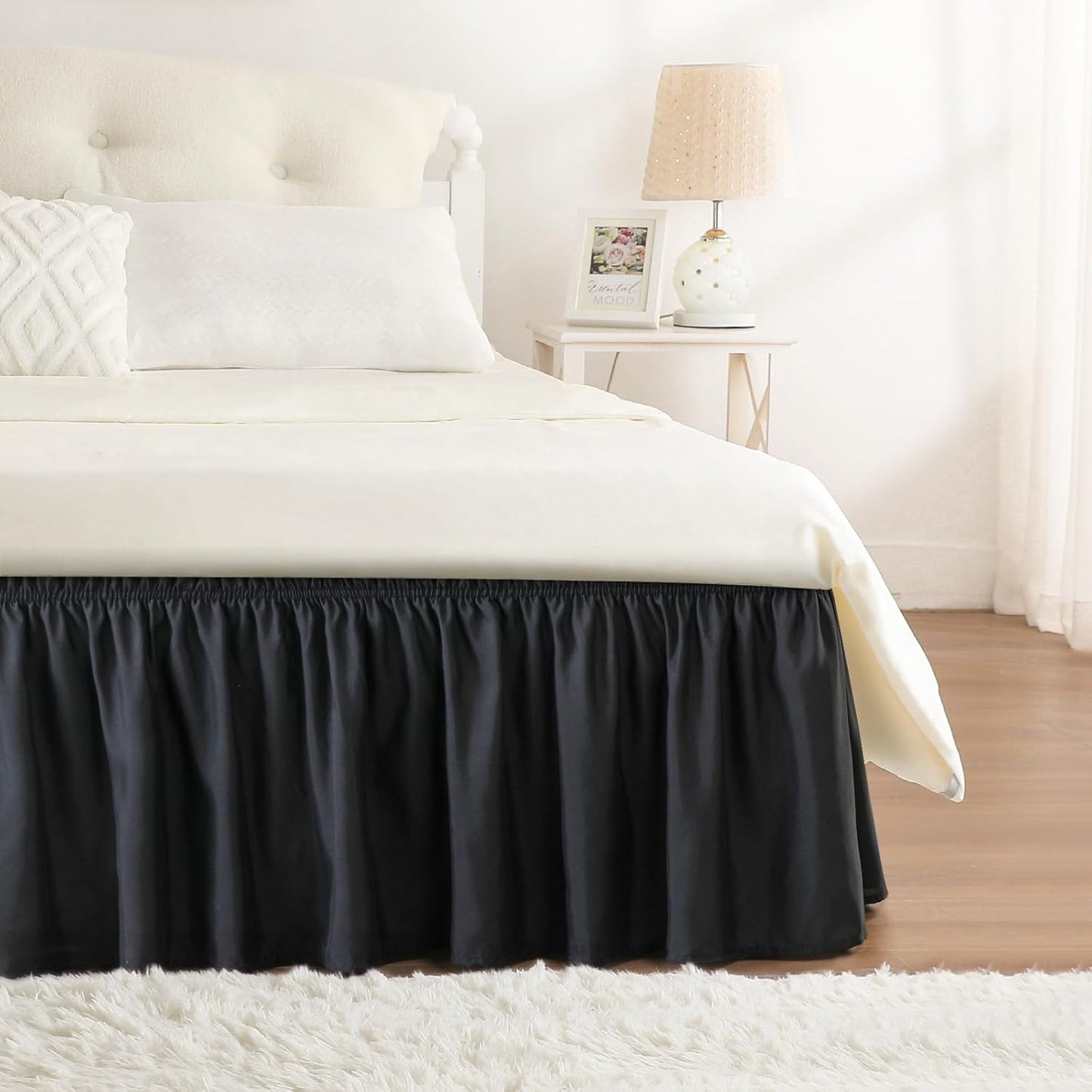 RIMELA Black Bed Skirt Full Size 18 Inch Drop, Elastic Bed Skirting for Bed Base and Frame, Bedding Dust Ruffle Easy to Install, Lightweight Wrap Around Adjustable Bedskirt