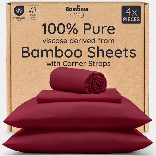 Bambaw 100% Viscose Derived from Bamboo King Size Sheet Set - 4pcs Super Soft & Cooling Sheets, Luxury Sheets King Size Deep Pocket, Fits Up to 16'' Mattresses with Elastic Corner Straps (Burgundy)