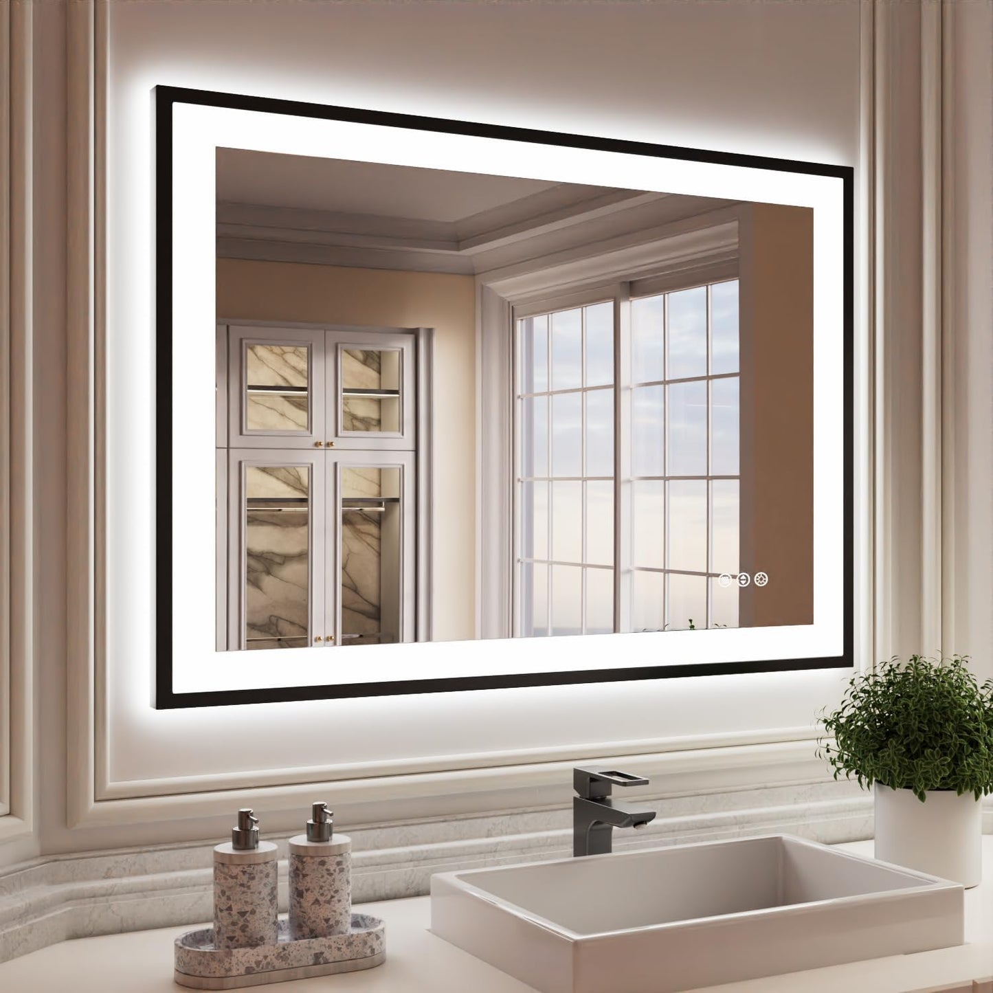 ISKM Framed LED Mirror for Bathroom 44"x30", Dimmable LED Bathroom Mirror with Lights, Anti-Fog, Front and Backlit Lighted Mirror 3-Colors, Shatterproof, Memory Function