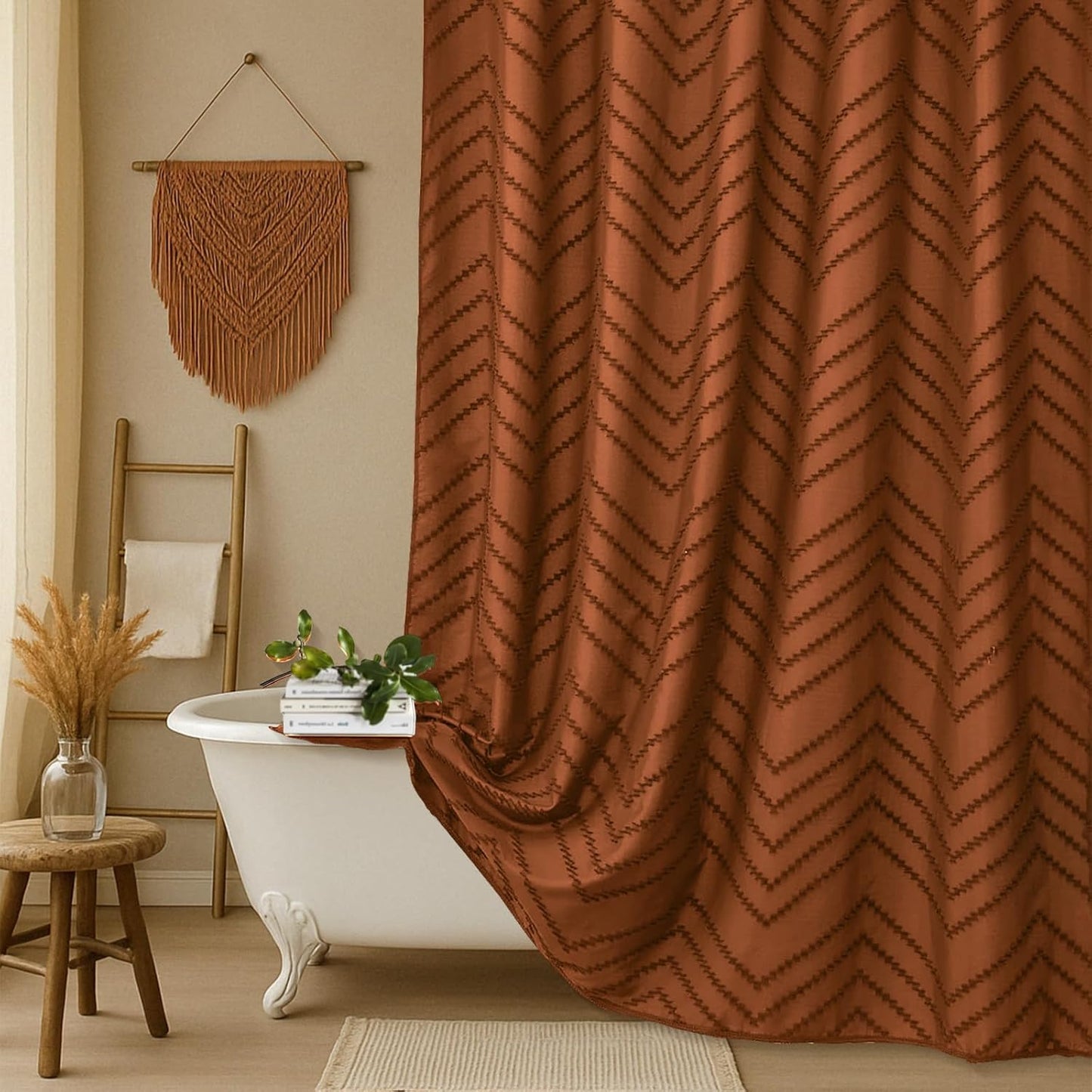 Long Orange Boho Shower Curtain 78 inch Shower Curtain, Tufted Chevron Striped Modern Chic Textured Minimalist Bathroom Shower Curtains