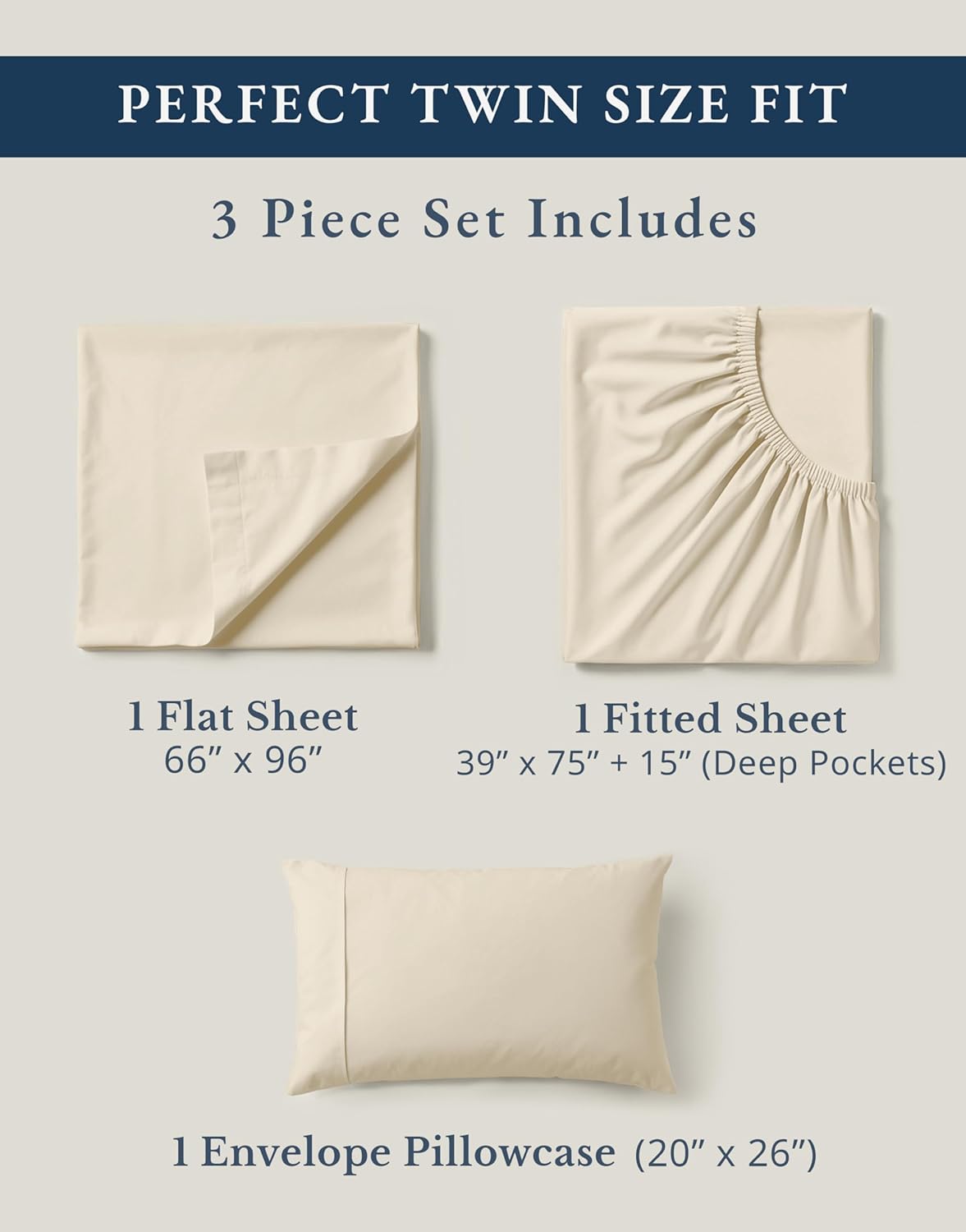 LANE LINEN 100% Organic Cotton Twin Bed Sheet Set, 3 Pc Twin Size Bed Sheets, Soft & Breathable Twin Sheet Set Boys, Hotel Style Bedding Sheets & Pillowcases, 15" Deep Fitted Sheet - Natural