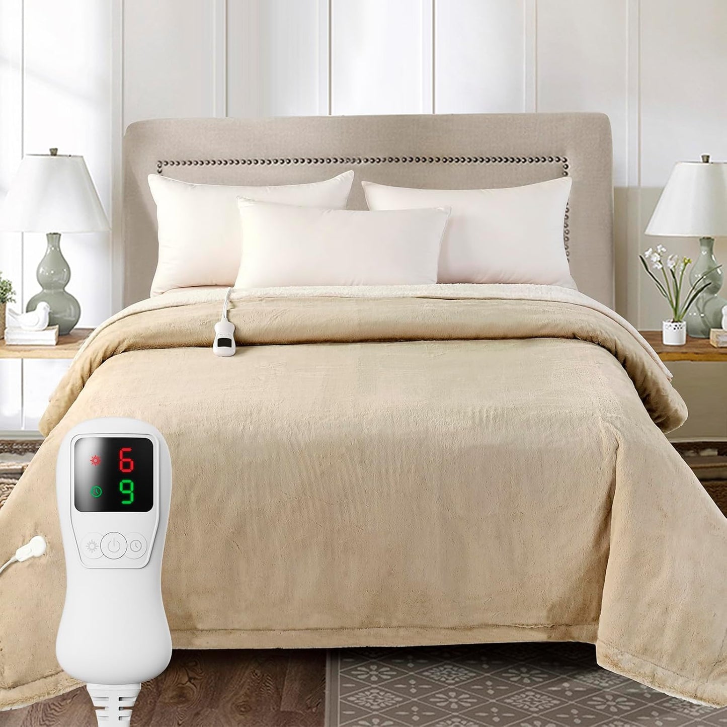 Electric Heated Blanket Full Size, Faux Fur Heat Blanket, Super Soft Cozy Heating Blanket with 9 Heating Levels & 1-9 Hours Auto Off, Fast Heat & Overheat Protection, 72" x 84", Beige