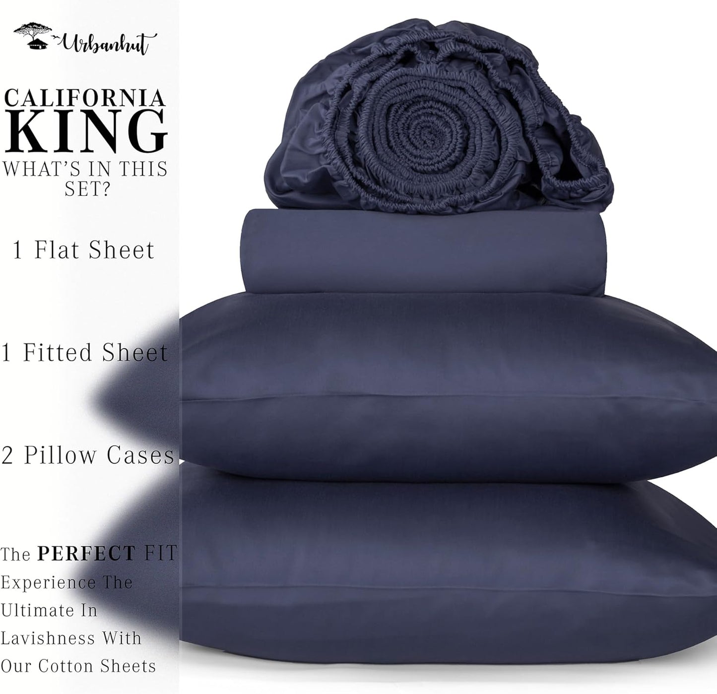 URBANHUT 1000 Thread Count California King Sheet Set Egyptian Cotton, Long Staple Soft & Breathable, 4 Pc Bed Sheet Sets, Luxury Hotel Sateen Sheets Fits 16" Deep Pocket - Navy Blue
