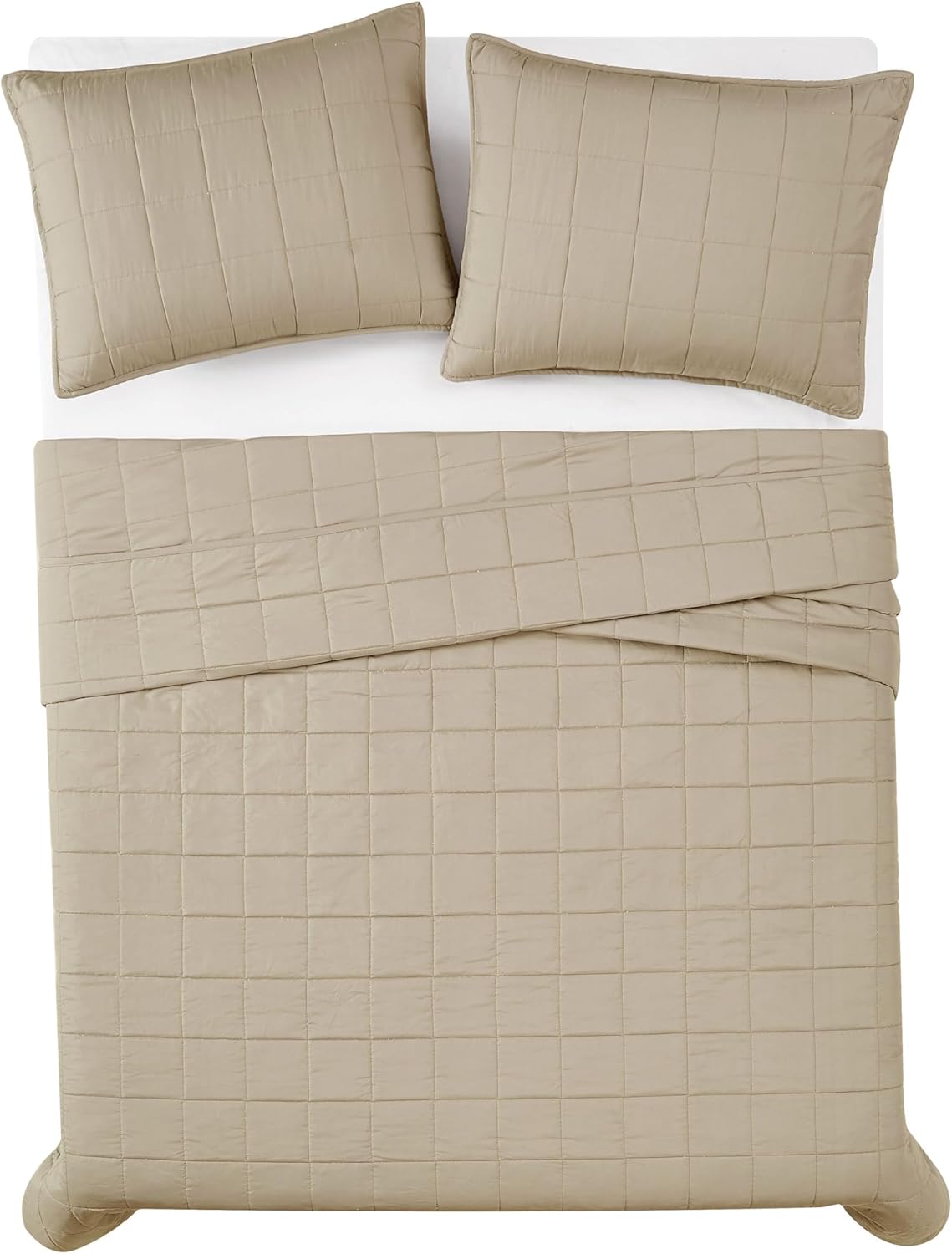 London Fog Garment Washed Solid Quilt Set Khaki Microfiber 3-Piece King Quilt Set, Solid Themed, Adult and Teen, Oeko-TEX Certified