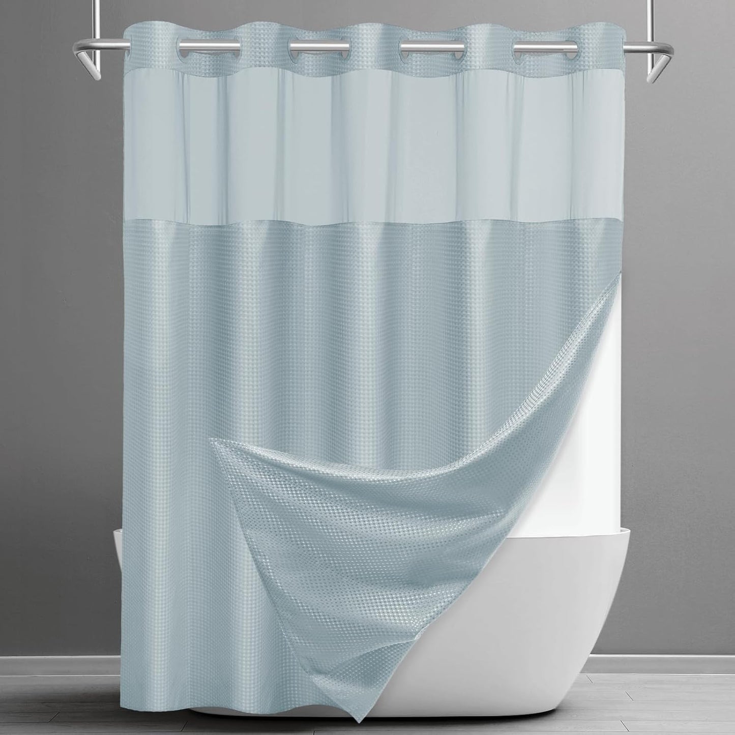 No Hook Shower Curtain with Snap in Liner Set Waffle Shower Curtain for Bathroom Hotel Style Fabric Waterproof Inner Liner，71" W x 74" H, Fog Blue