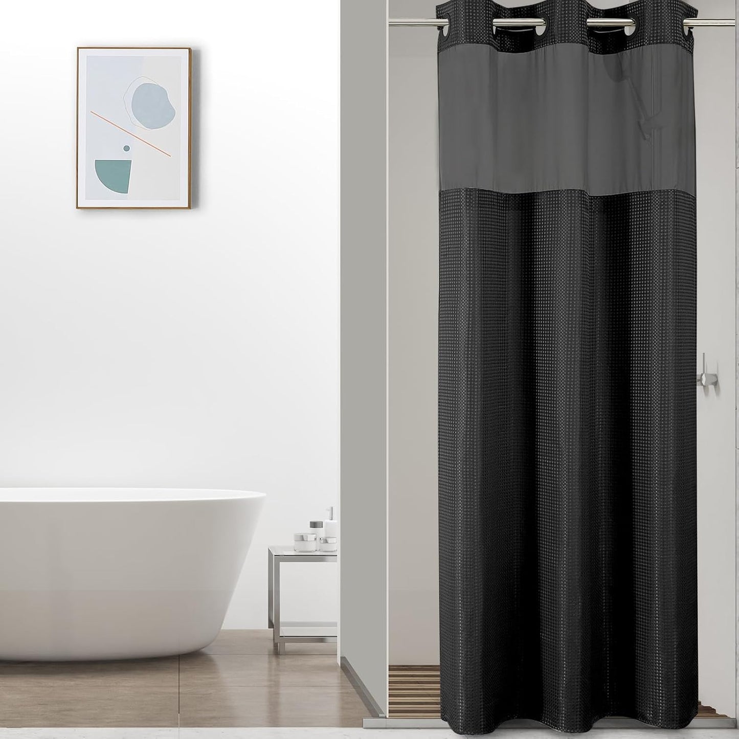 Colorful Star Small Stall Shower Curtain with Snap in Fabric Liner, Waffle Weave No Hook Shower Curtains with Mesh Top Window, Hotel Style Waterproof Bathroom Curtain Set, 36 x 75 Inch, Black