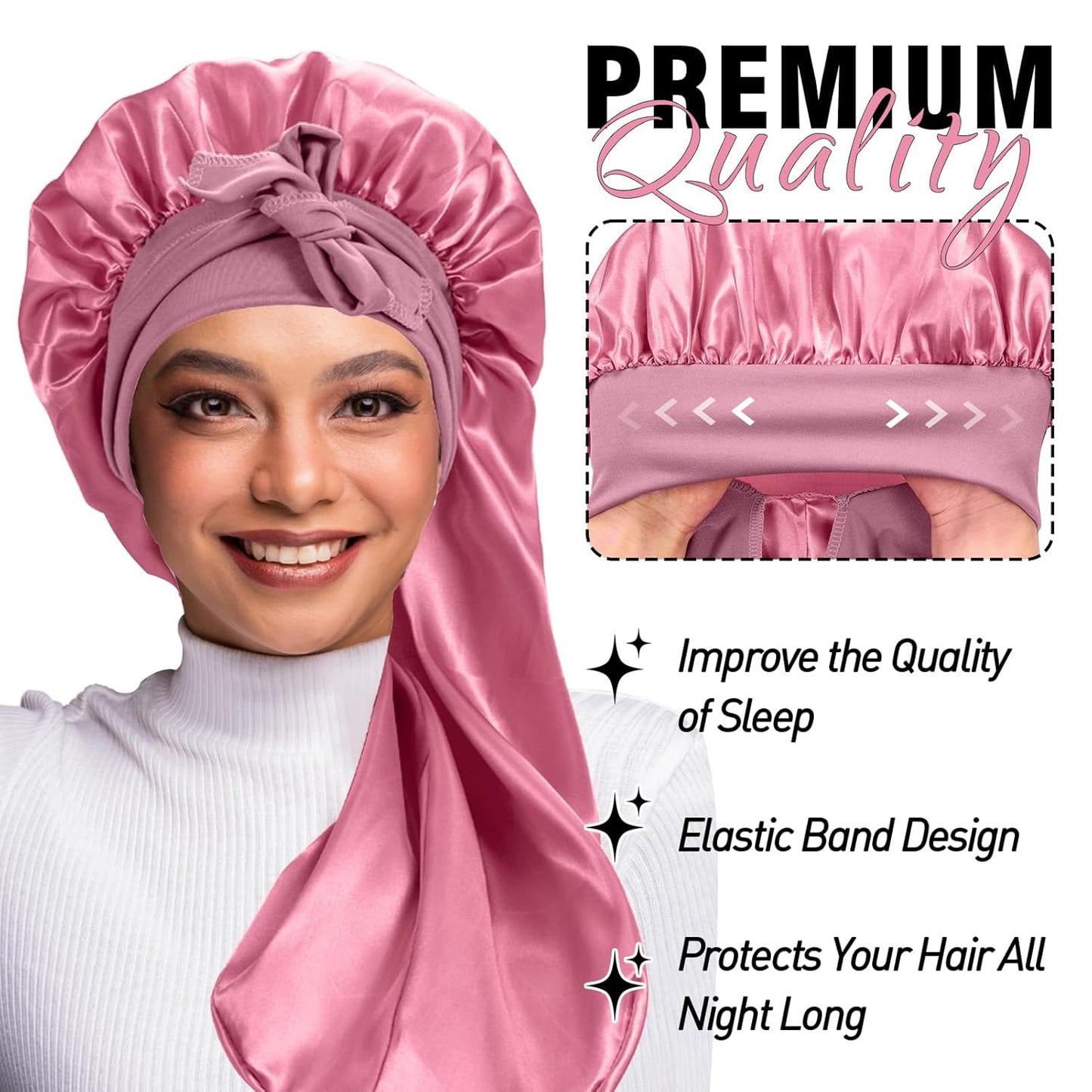 2Pcs Bonnets for Black Women Braid Bonnet, Large Long Satin Bonnet for Braids, Silk Bonnet with Stretchy Tie Band Sleep Cap Hair (2Pcs-Black&Rose Pink)