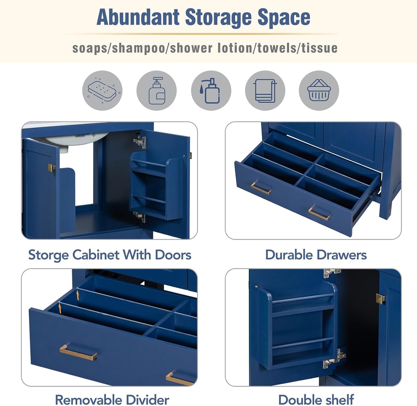 60" Bathroom Vanity Set with Double Vanities, Double Ceramic Sinks, Storage Shelf, Soft Closing Doors, Divided Drawers (Mirror not Included), Large Bathroom Vanity Sink Set (Blue)