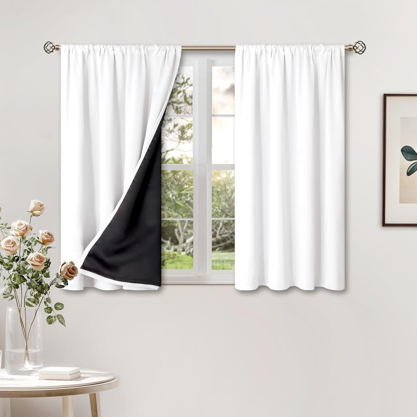 BGment Short Blackout Curtains for Small Window 40 Inch Long, Thermal Insulated Full Room Darkening Bedroom Curtains Noise Cancelling Privacy Rod Pocket Kitchen Curtains, 2 Panels, 42 Wide, Pure White